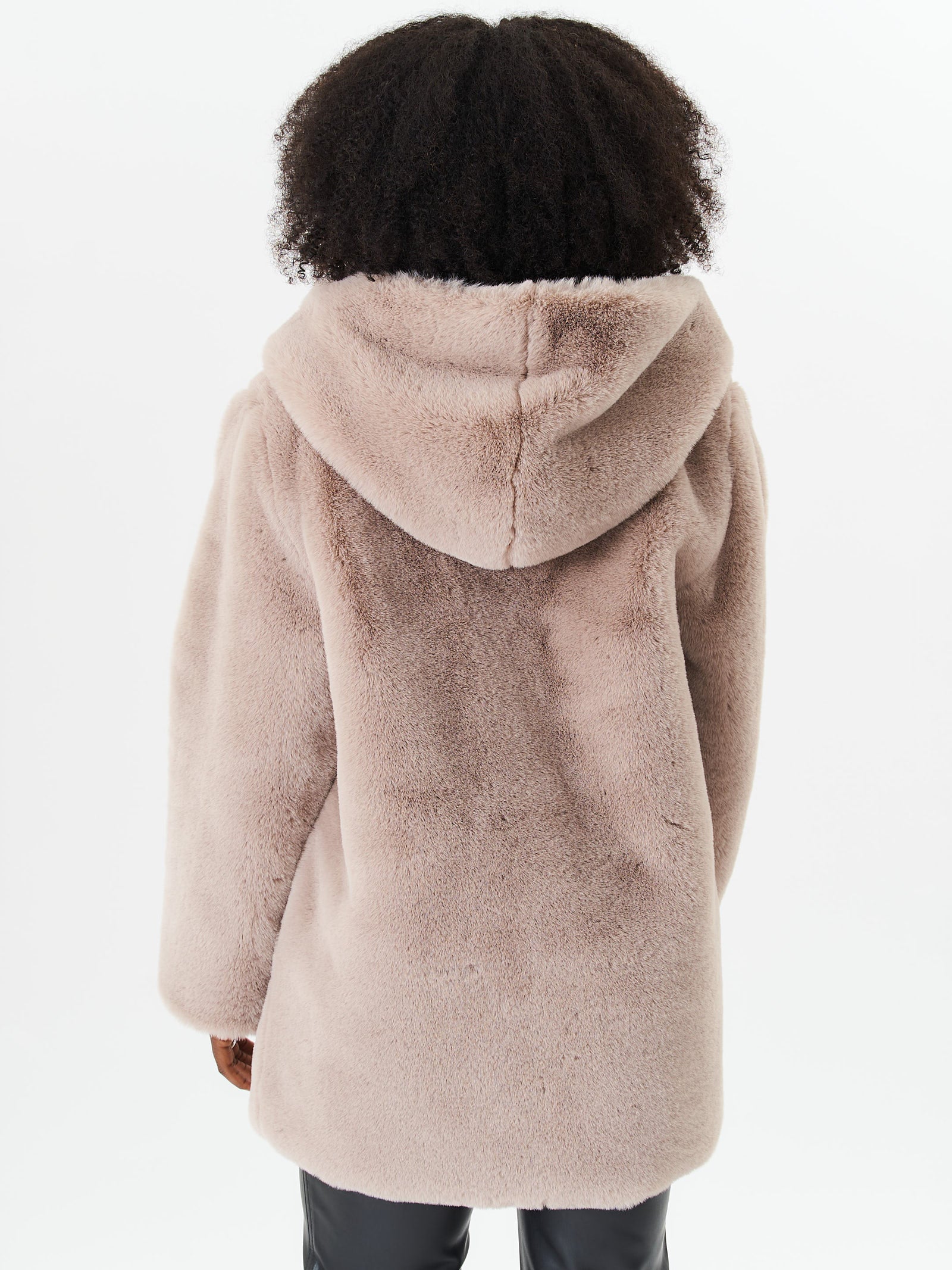 Beige Hooded Long Sleeve Faux Fur Jacket