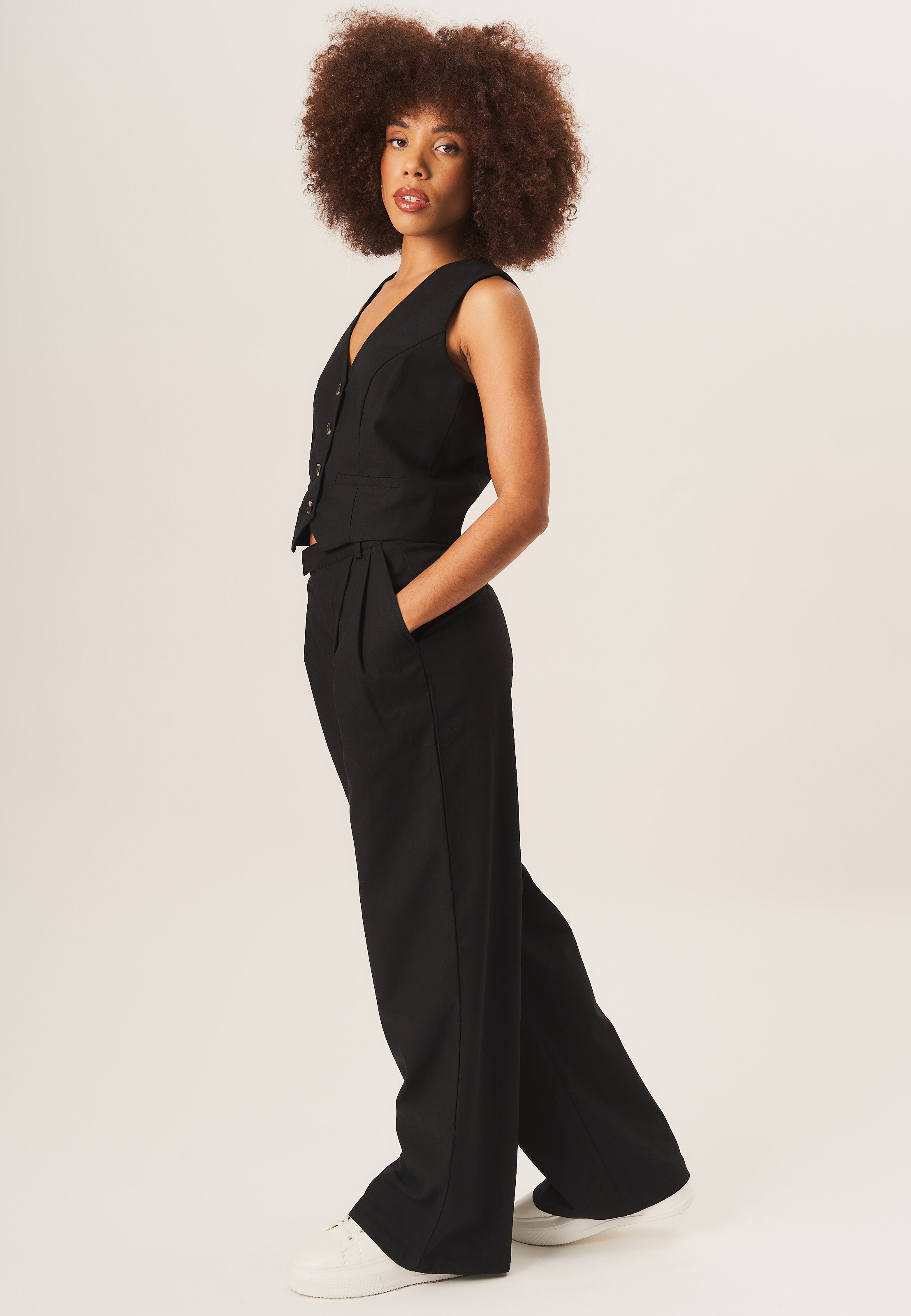 Black Tailored Cotton Wide Leg Trousers