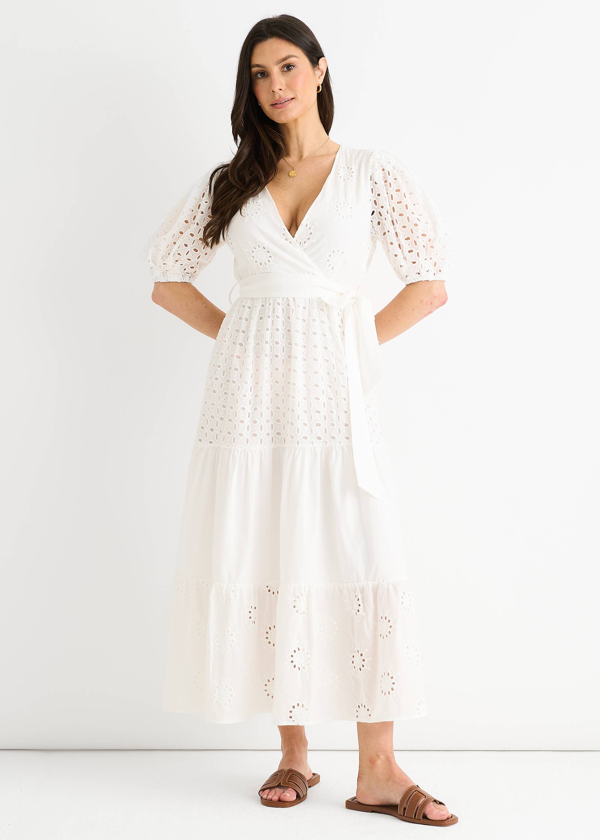White Wrap Broderie Cotton Belted Midi Dress