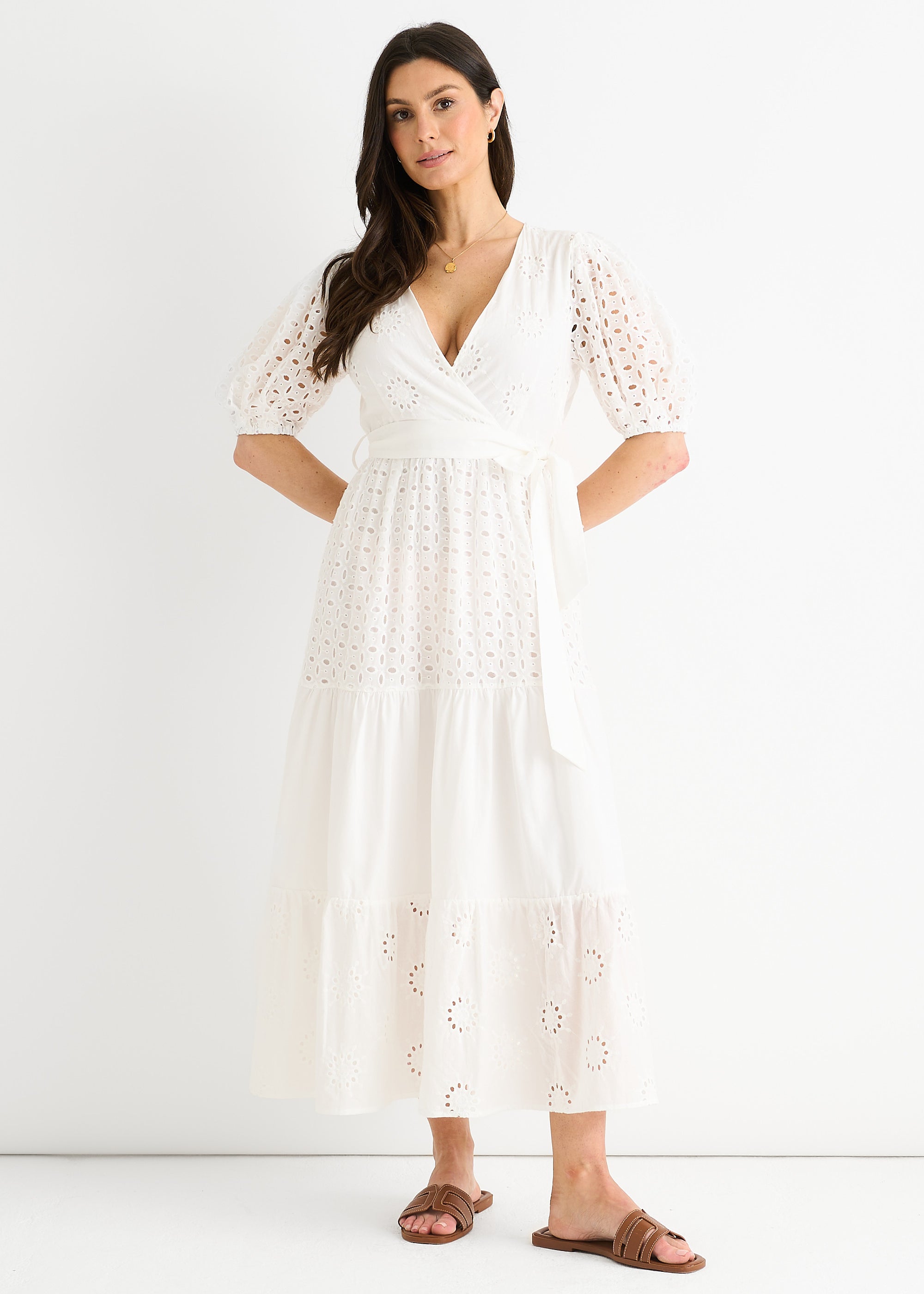Wrap Broderie Cotton Belted Midi Dress