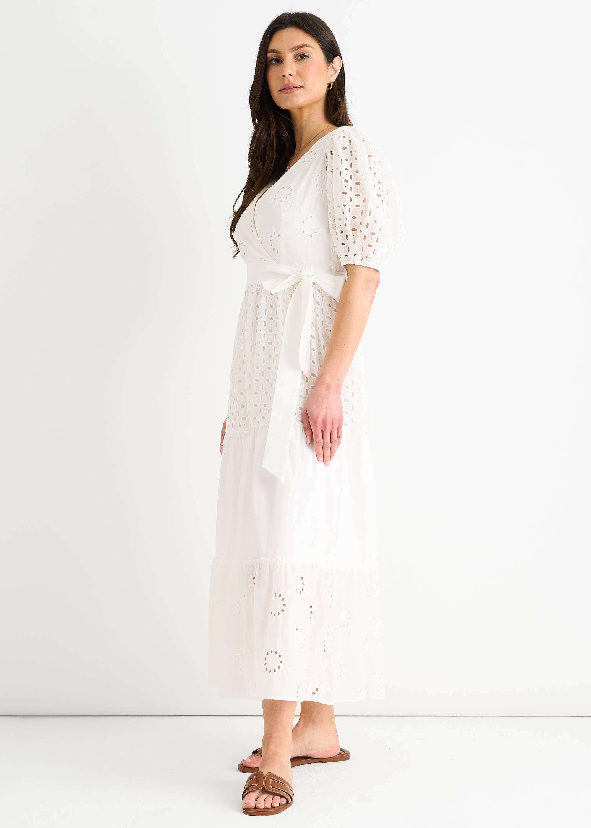White Wrap Broderie Cotton Belted Midi Dress