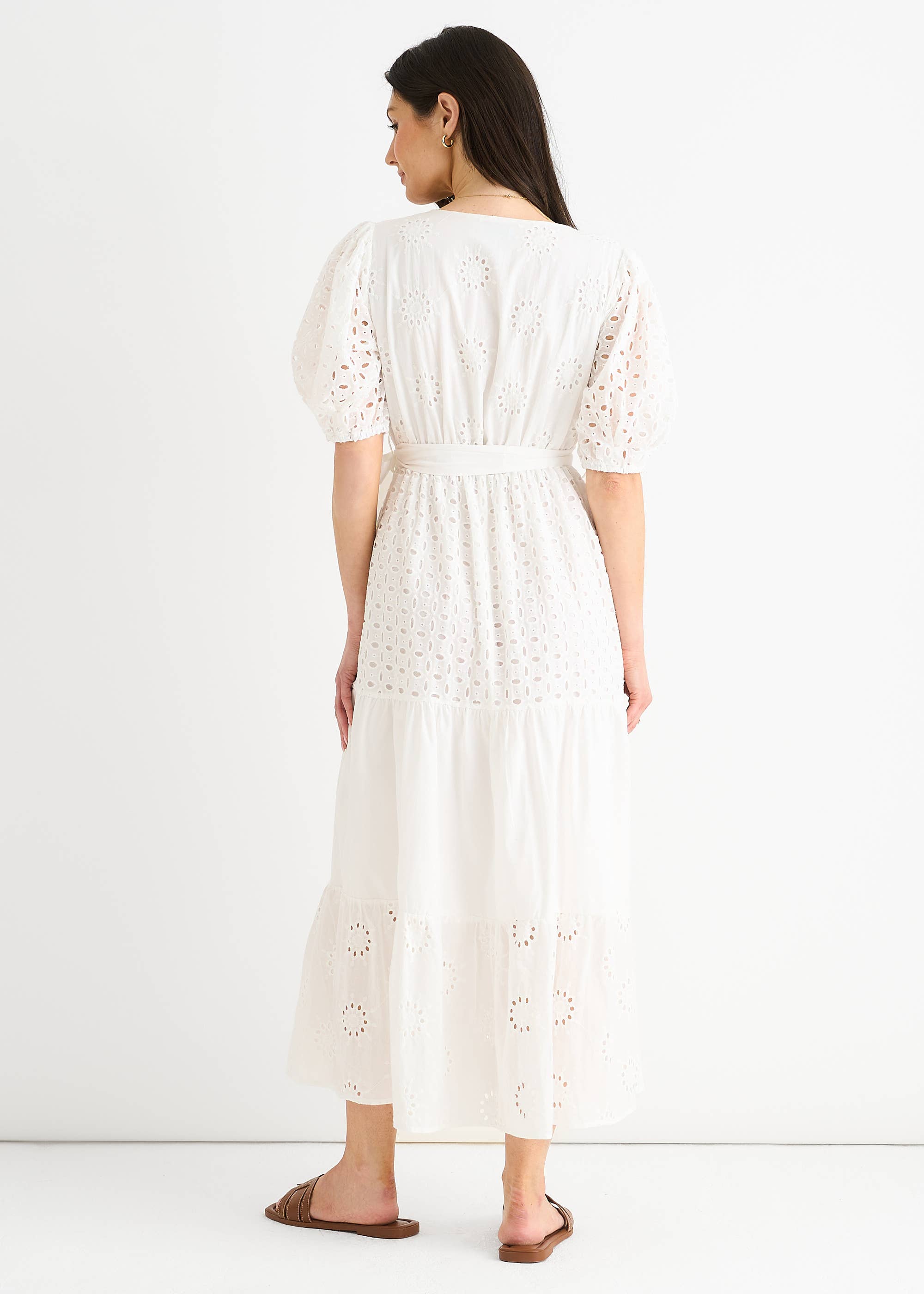 White Wrap Broderie Cotton Belted Midi Dress