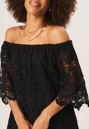 Black Lace Flare SL Oversized Bardot Mini Dress