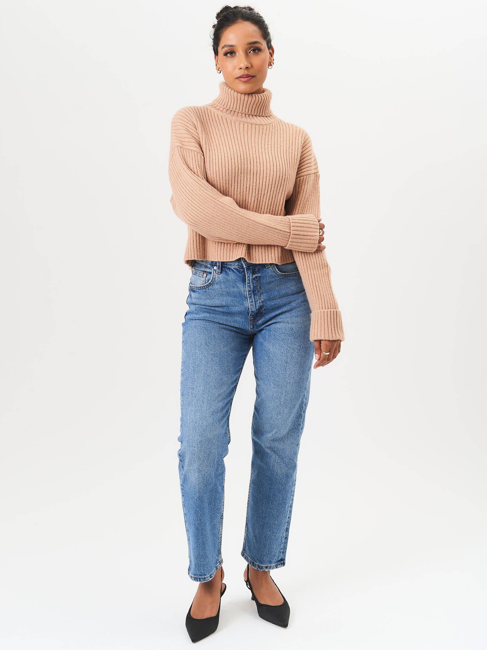 Camel High Neck Chunky Knit Crop Jumper