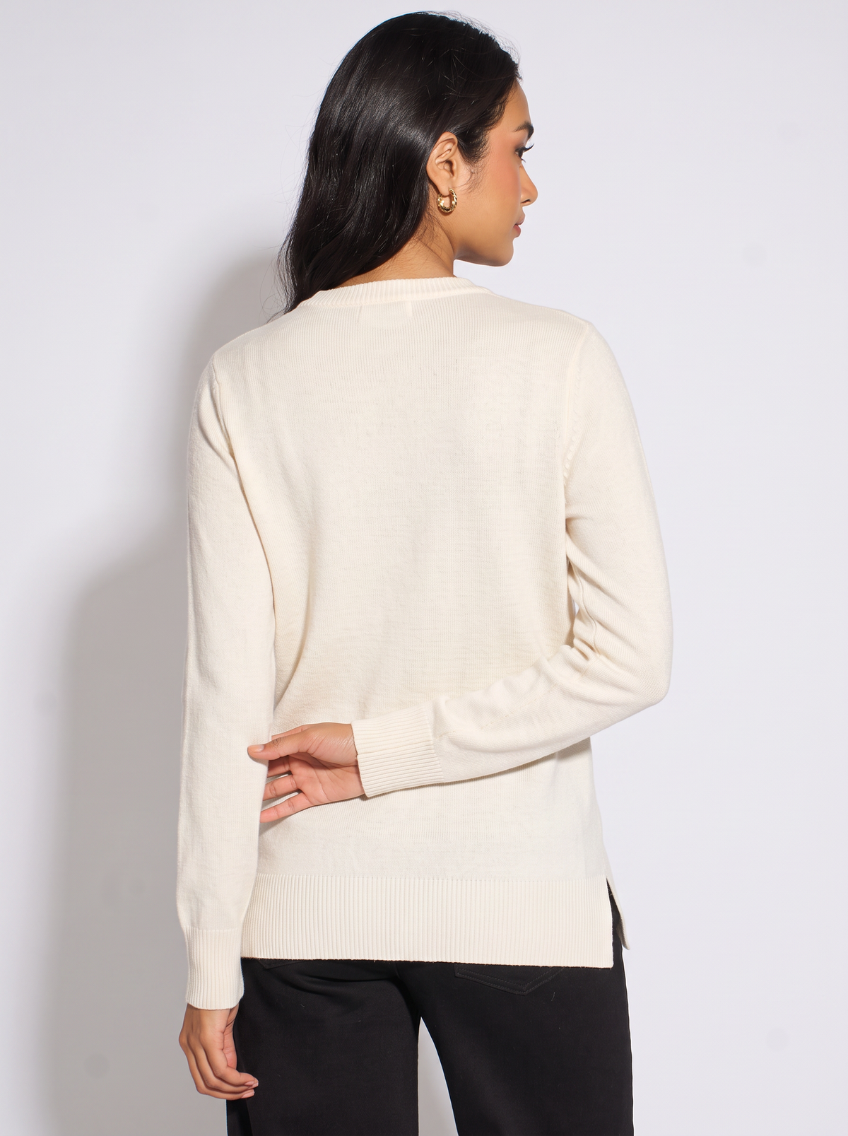 Ivory Crew Neck Fine Knit Oversized Jumper – View 2 | Gini London