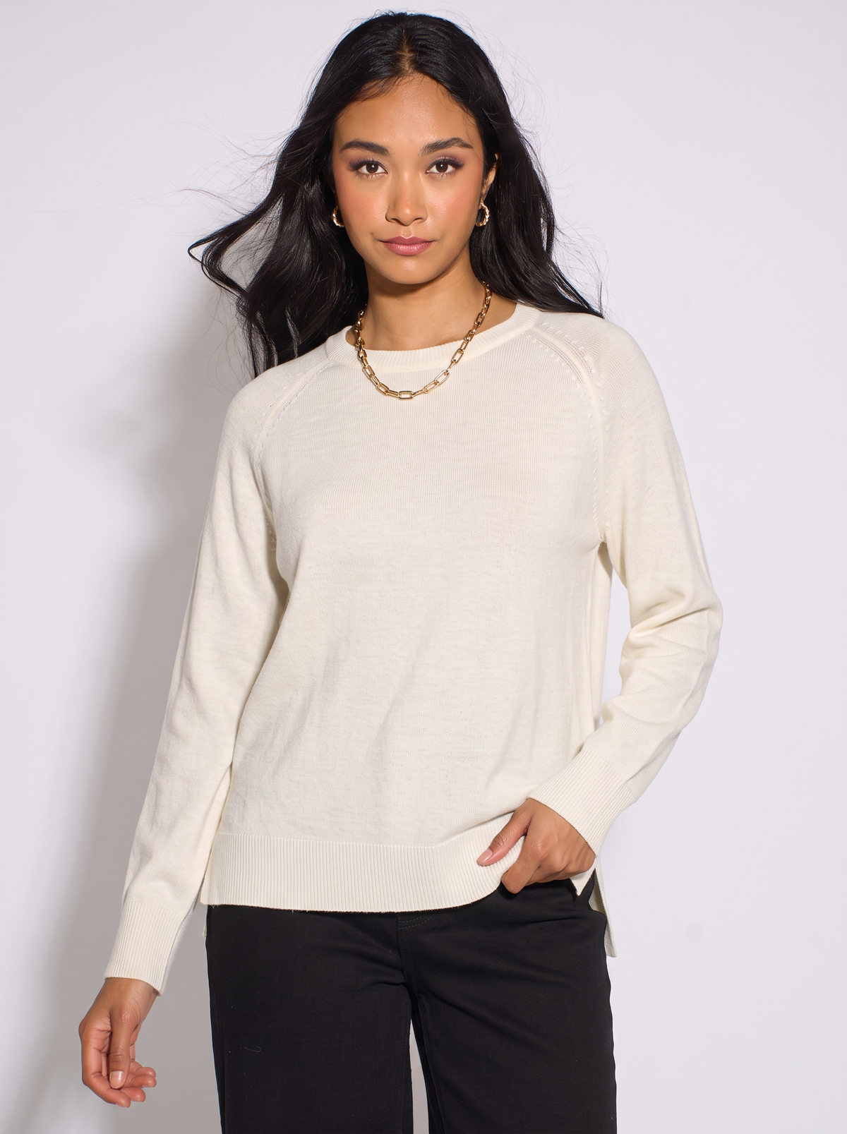 Ivory Crew Neck Fine Knit Oversized Jumper – View 1 | Gini London