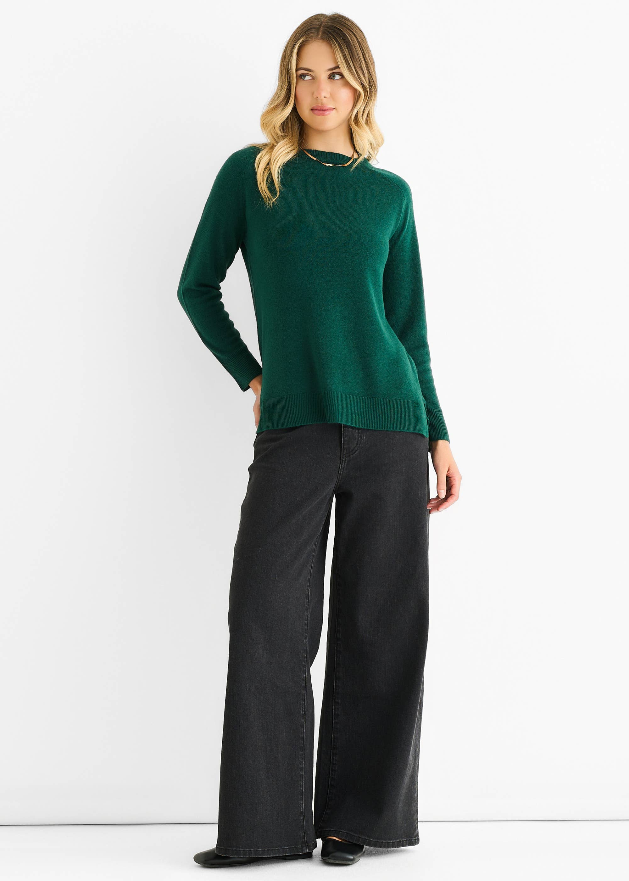 Green Crew Neck Fine Knit Oversized Jumper