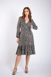 Green Animal Printed Long Sleeve Split Detail Midi Wrap Dress