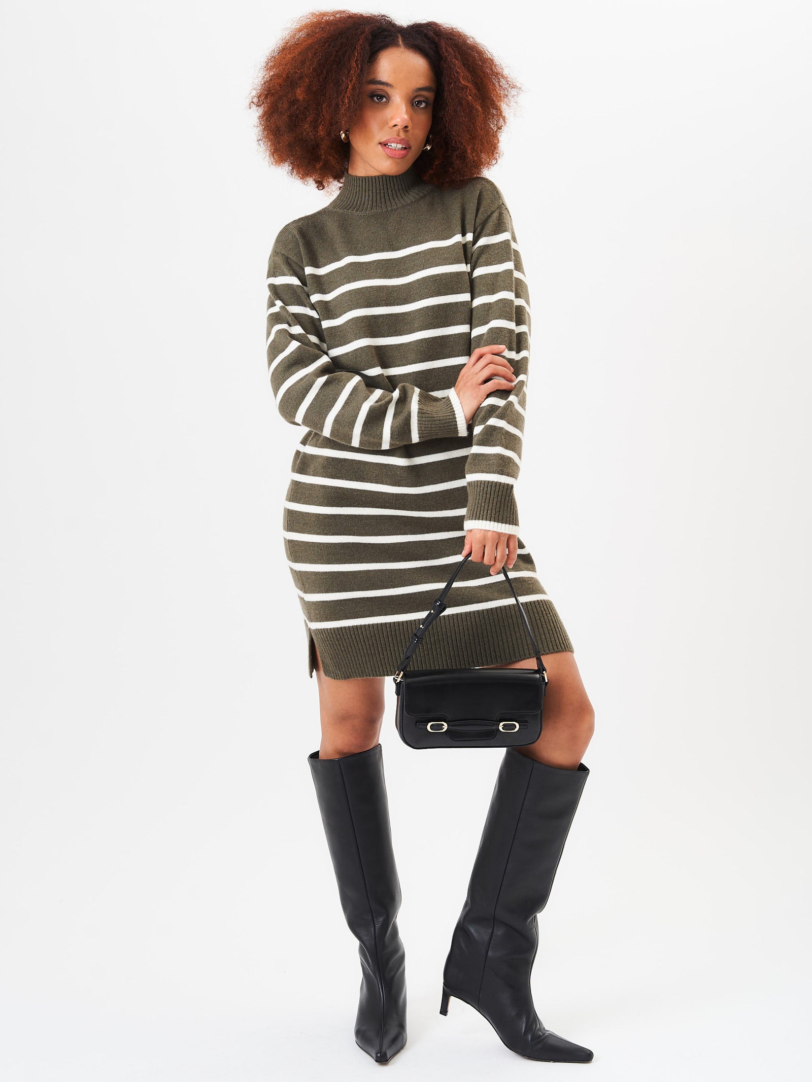 Khaki High Neck Stripe Oversized Tunic Dress