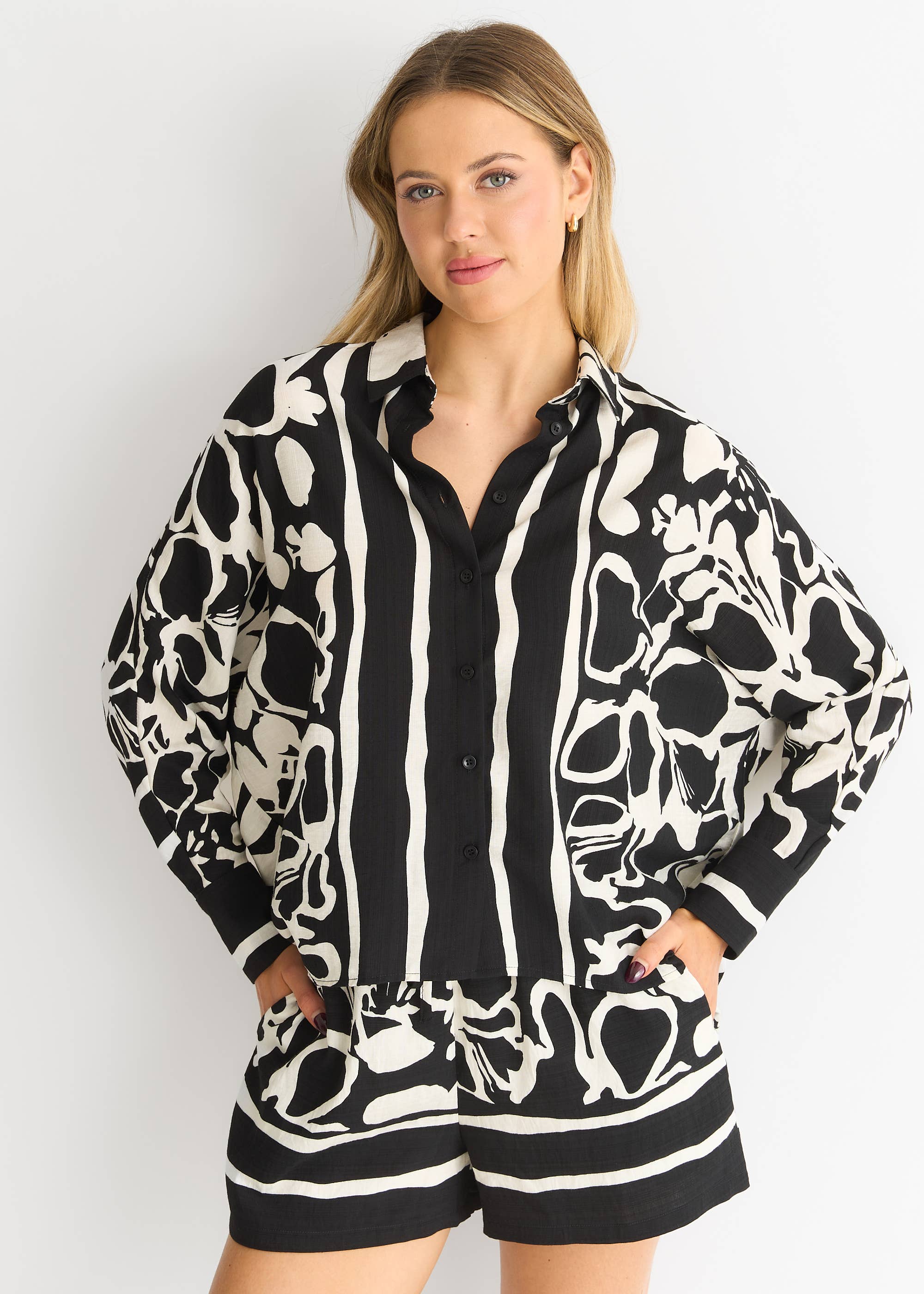Mono Border Print Viscose Oversized Shirt
