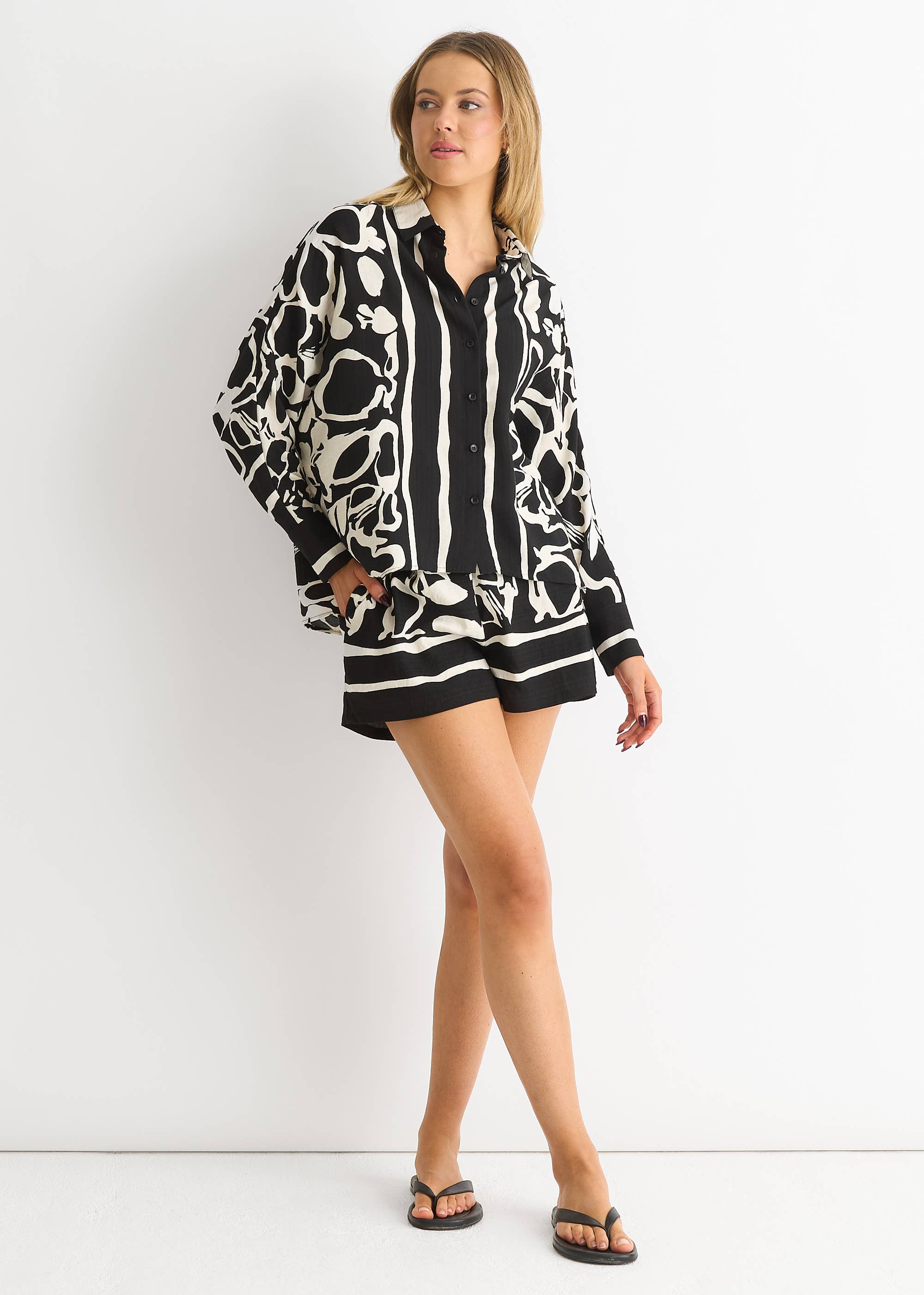 Mono Border Print Viscose Oversized Shirt