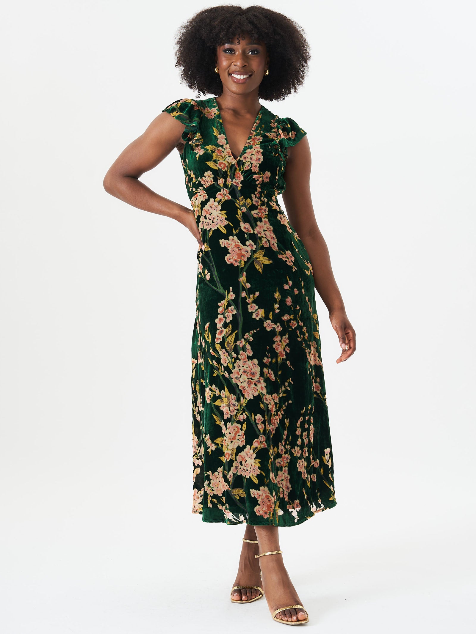 Green Floral Devore Ruffle V Neck Midaxi Dress