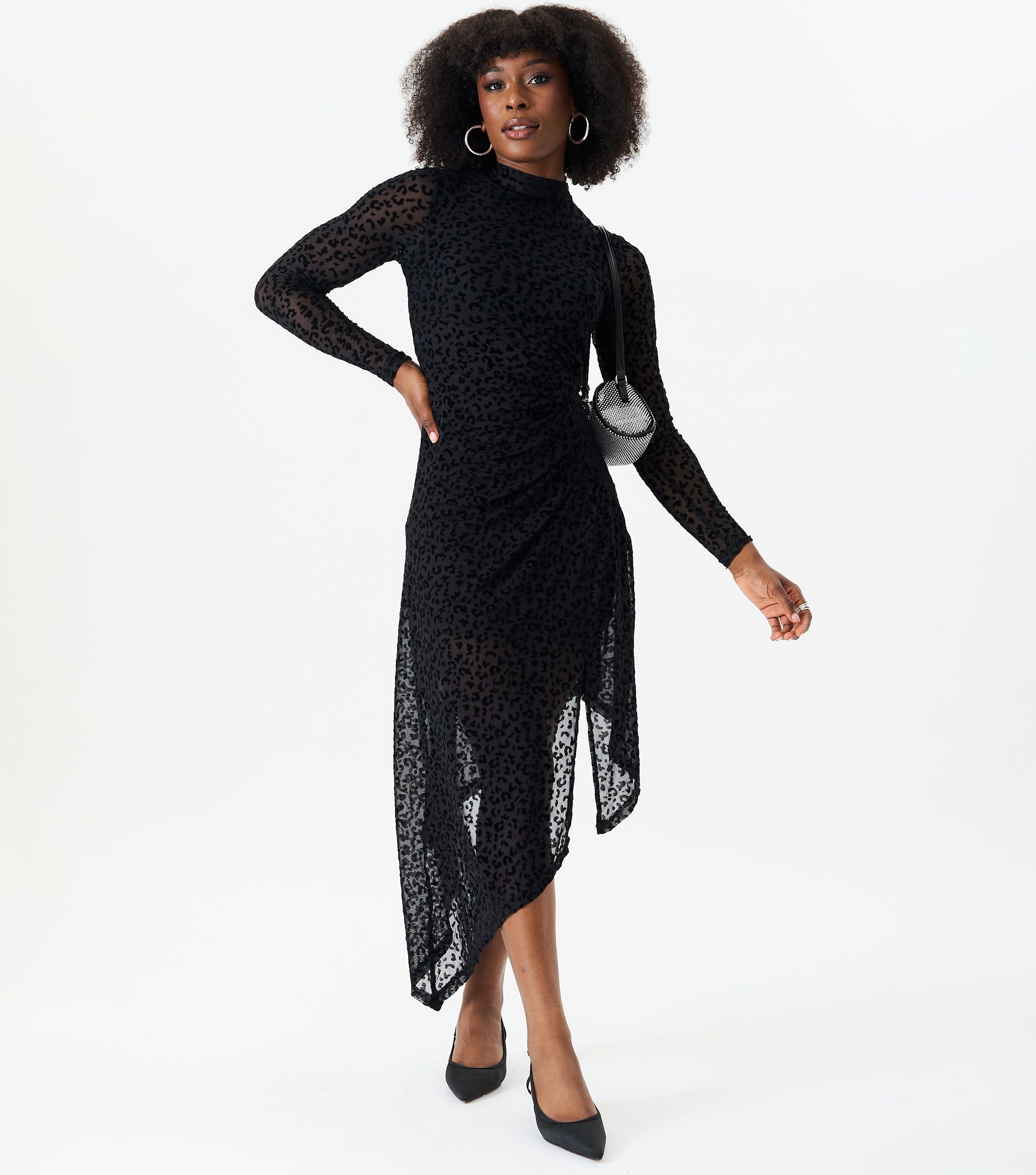 Black Animal Devore High Neck Midi Dress