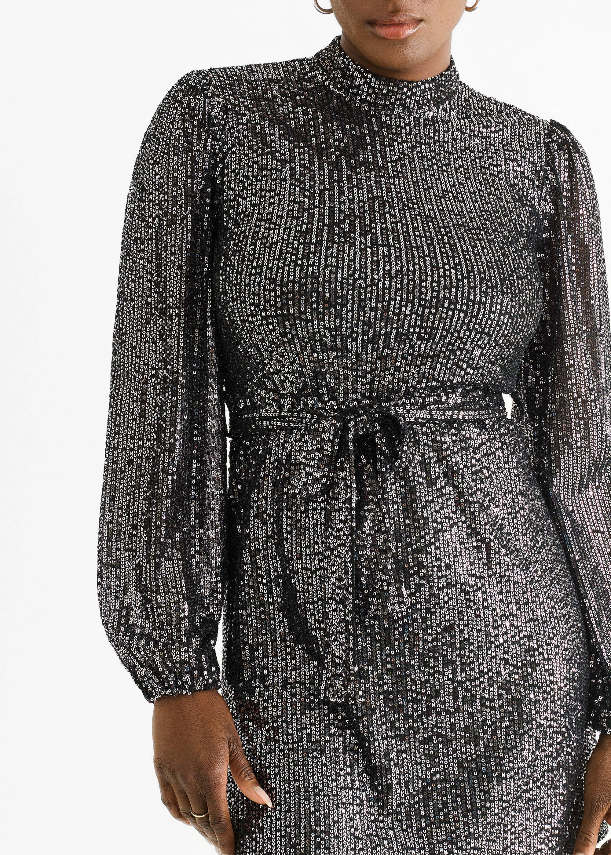 Black High Neck Long Sleeve Belted Sequin Dress