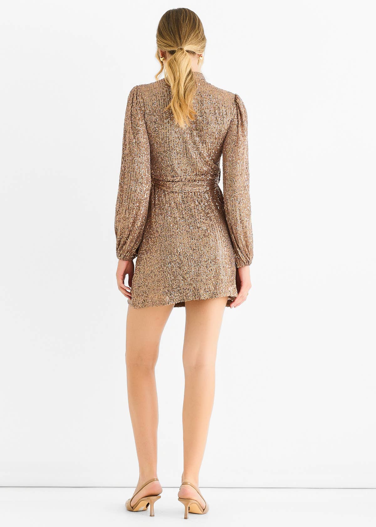 Rose Gold High Neck Long Sleeves Belted Sequin Dress – View 2 | Gini London