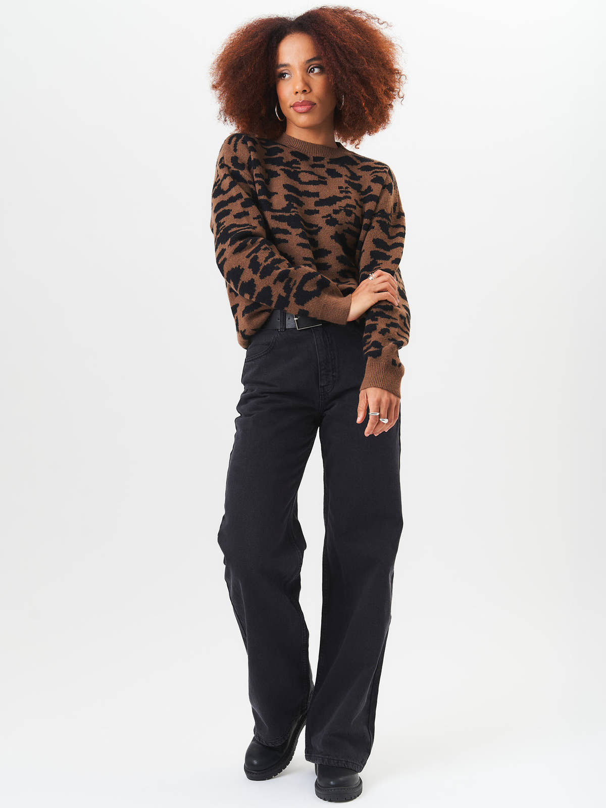 Chocolate Animal Print Crew Neck Knit Jumper – View 1 | Gini London