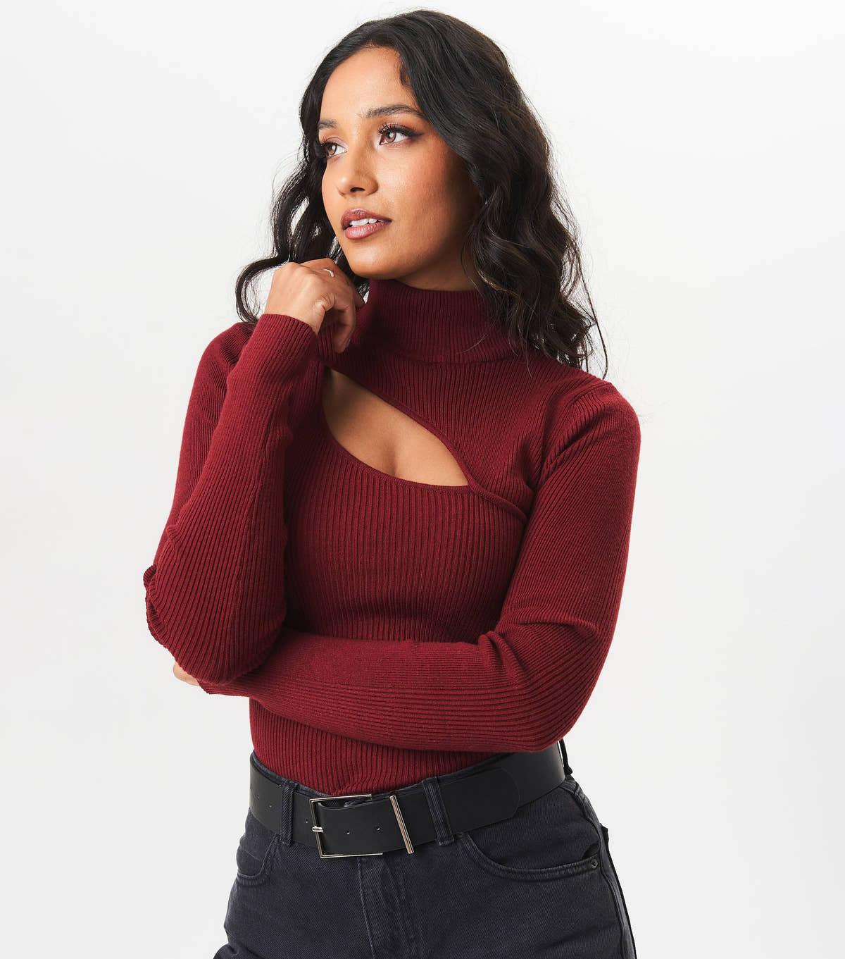 Burgundy High Neck Cut Out Detail Jumper – View 4 | Gini London