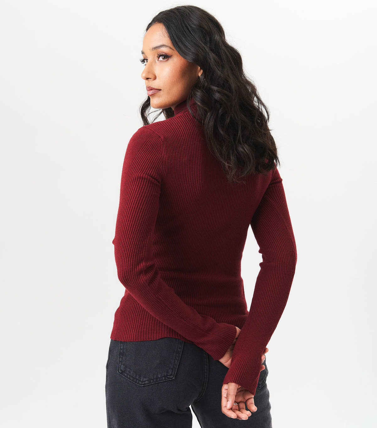 Burgundy High Neck Cut Out Detail Jumper – View 3 | Gini London