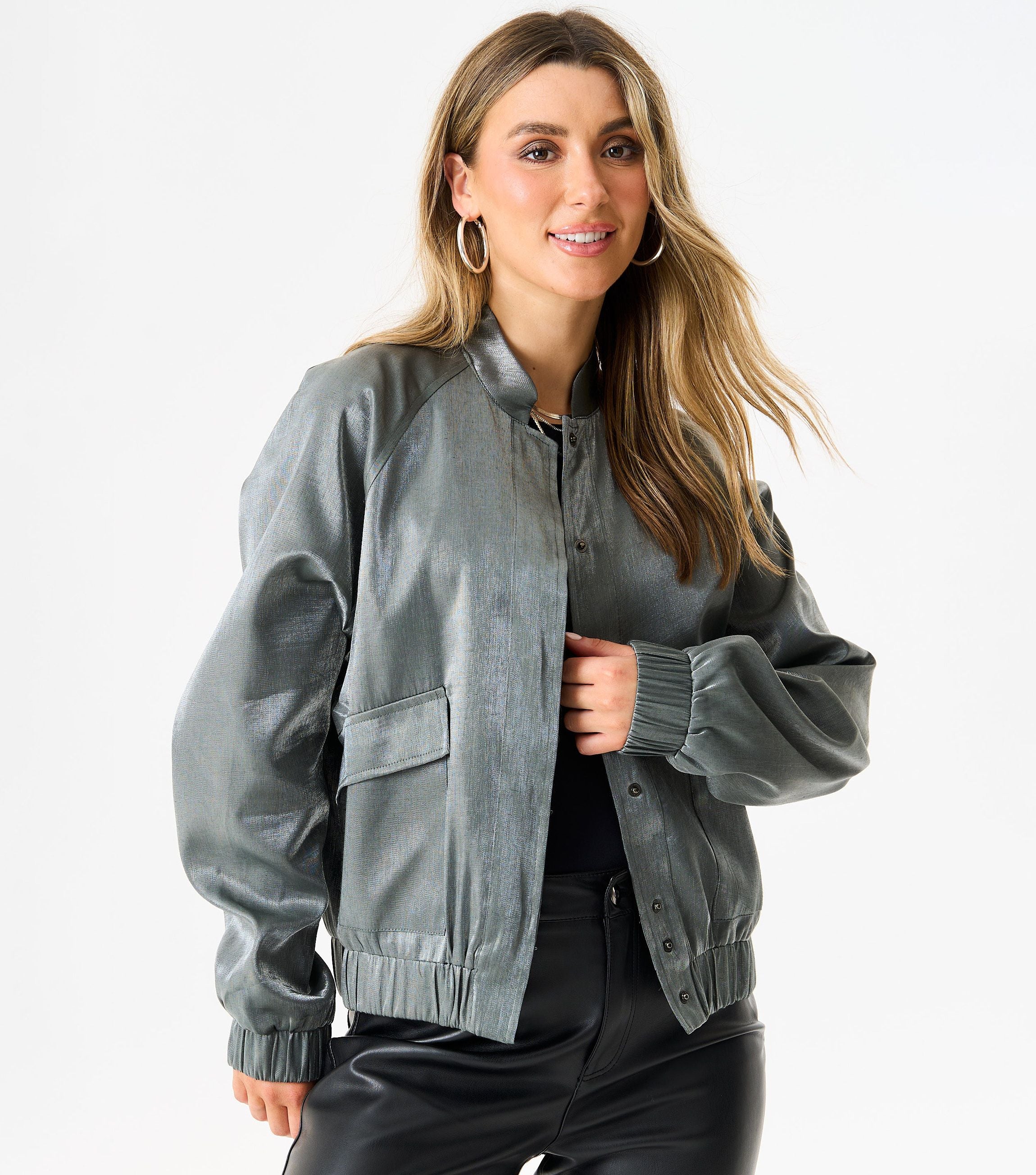 Grey Metallic Elasticated Waist Bomber Jacket
