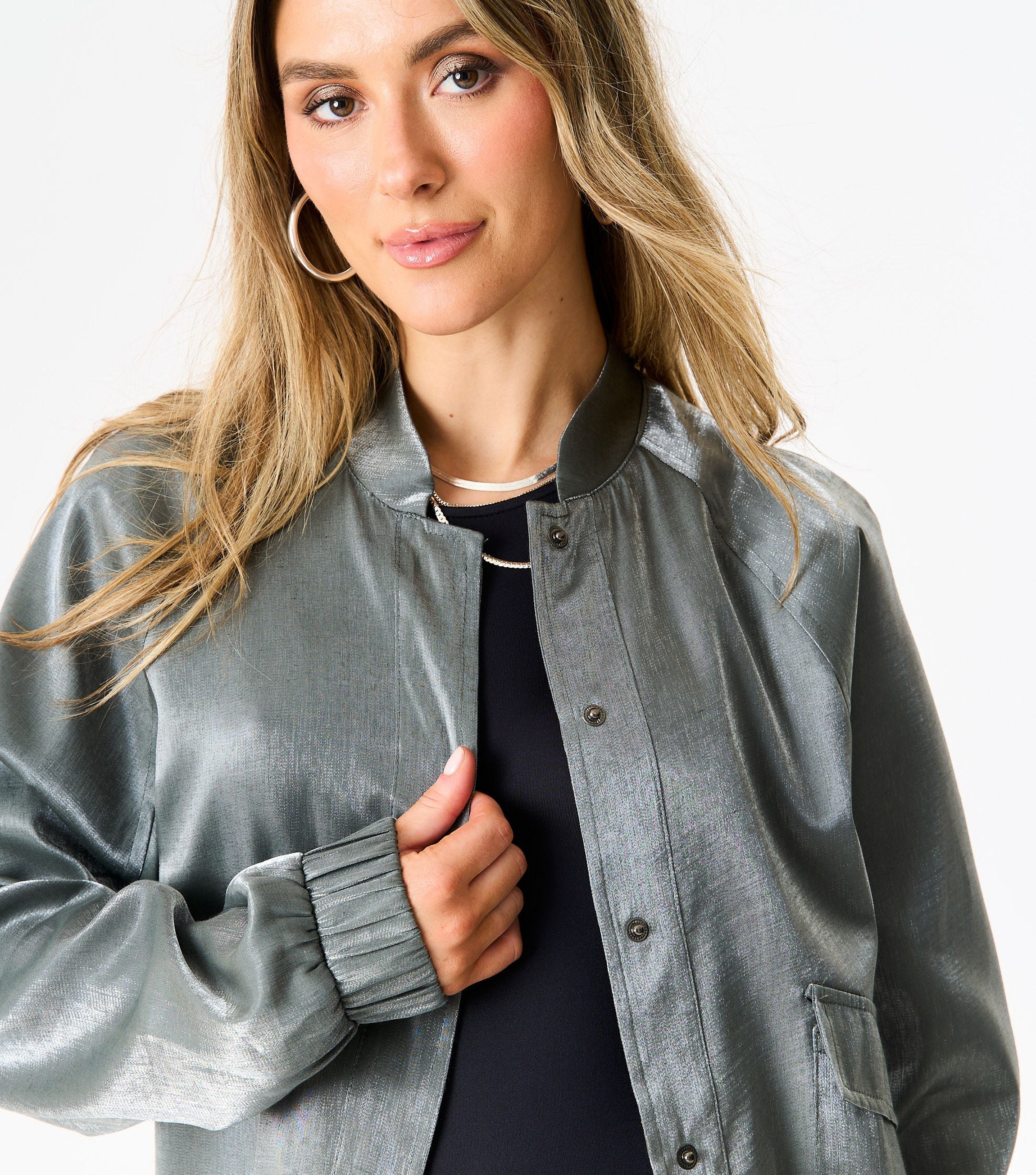 Grey Metallic Elasticated Waist Bomber Jacket