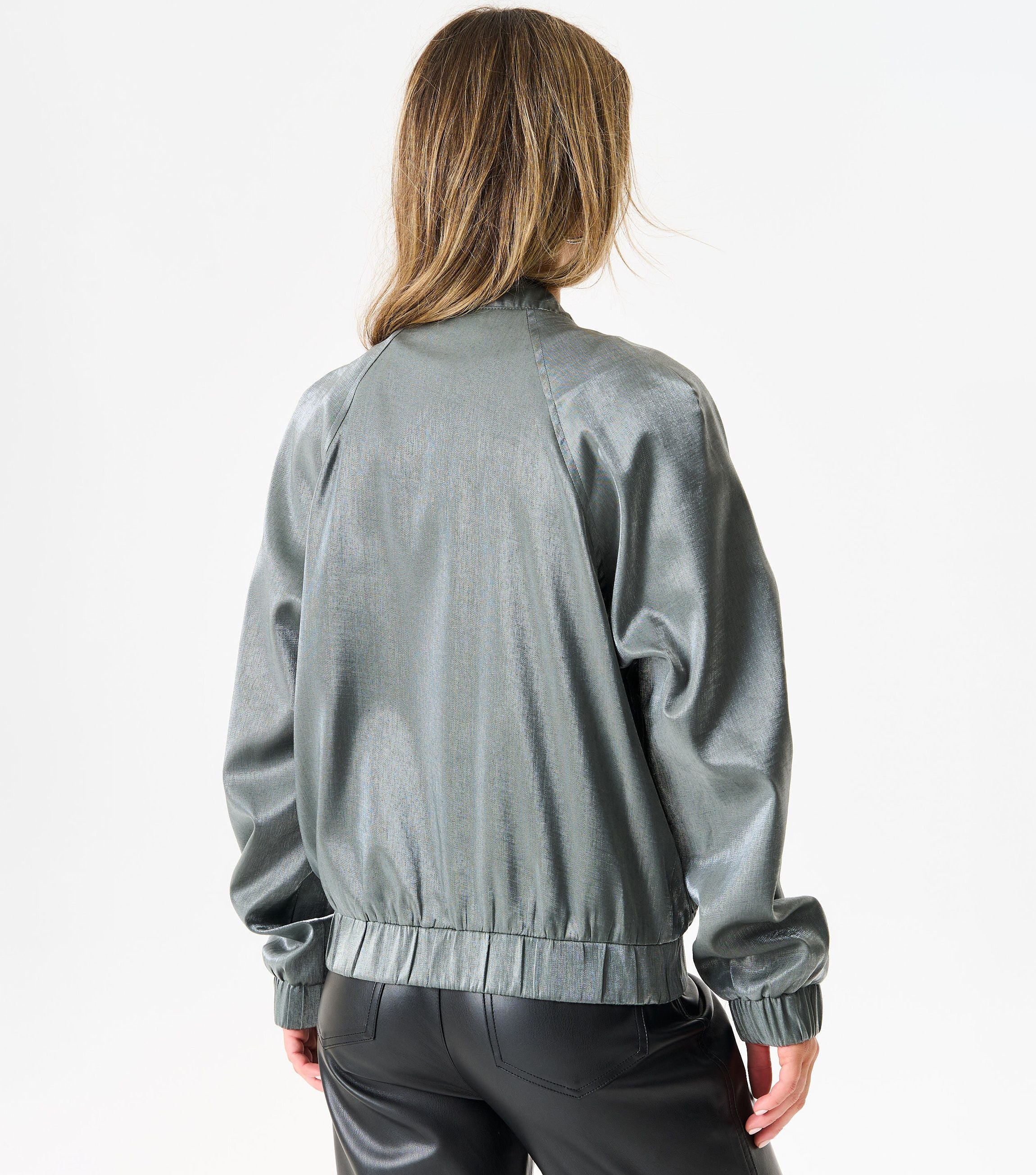 Grey Metallic Elasticated Waist Bomber Jacket