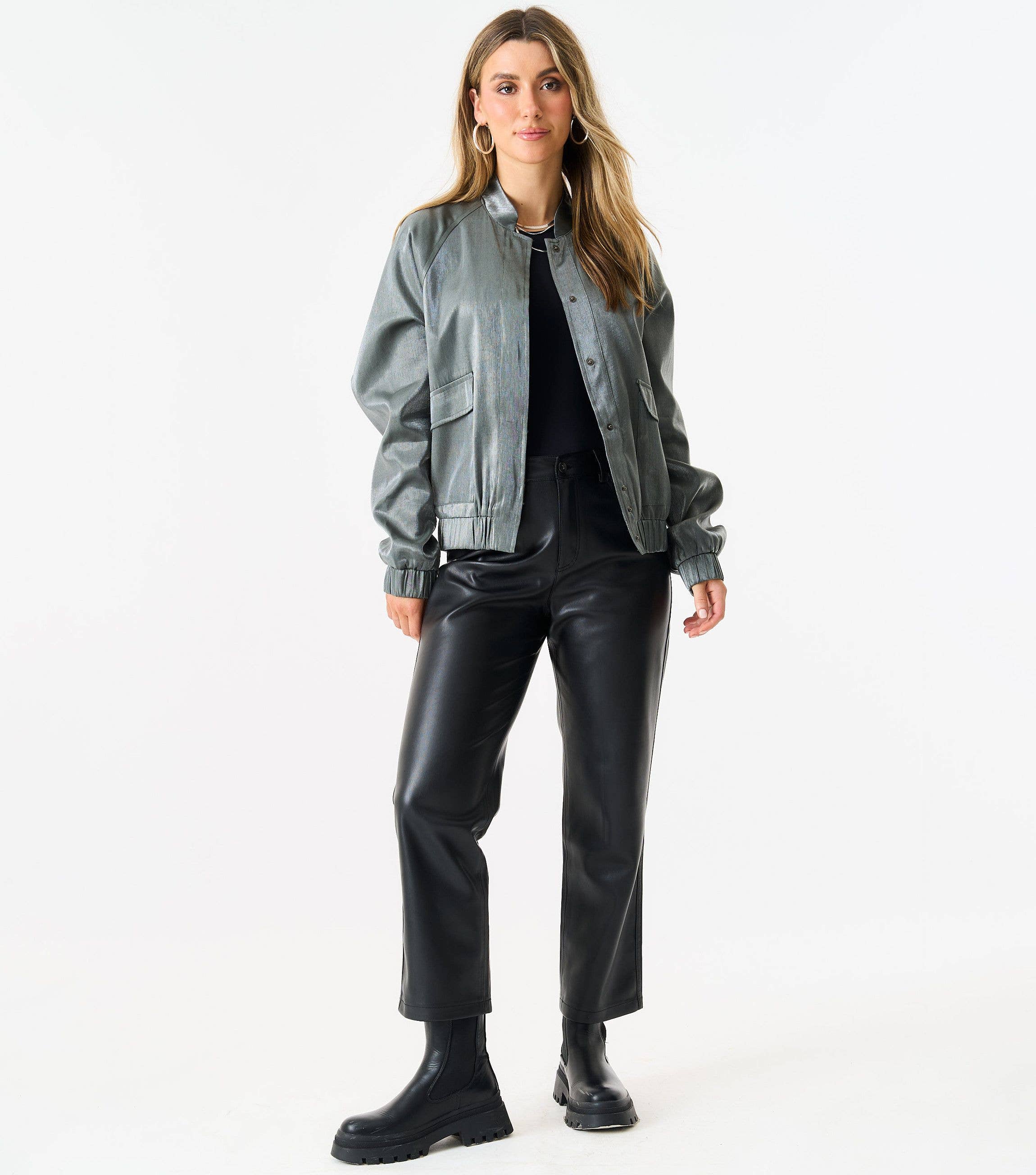 Grey Metallic Elasticated Waist Bomber Jacket