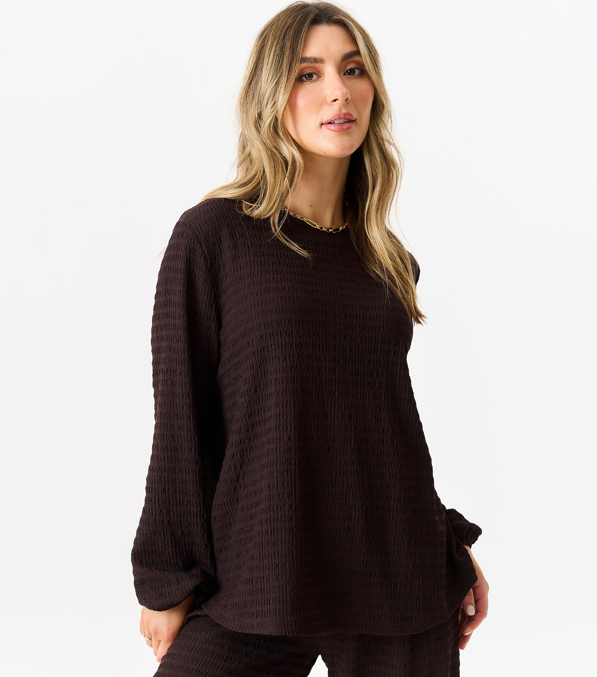 Chocolate Textured Long Sleeves Oversized Top