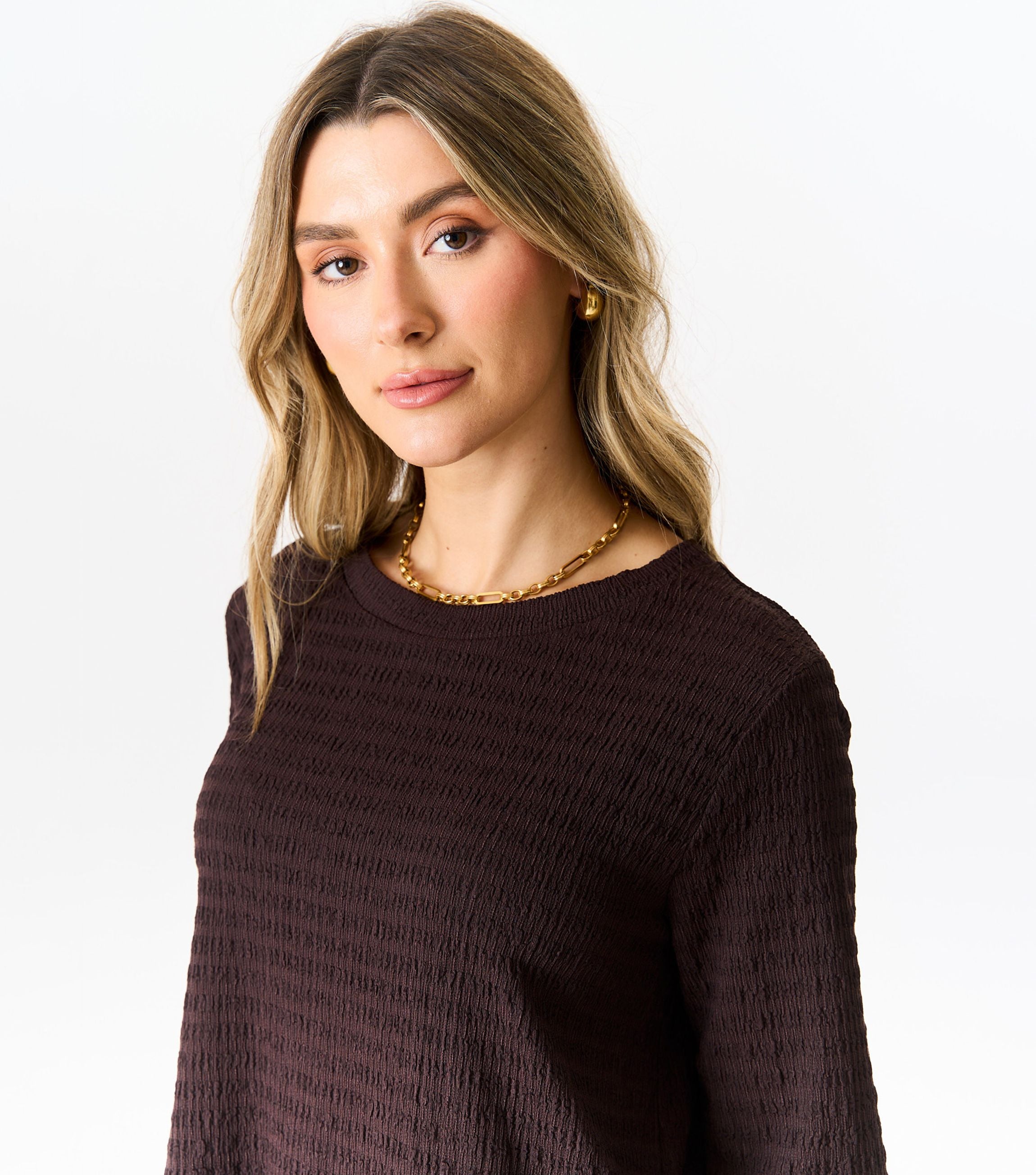 Chocolate Textured Long Sleeves Oversized Top