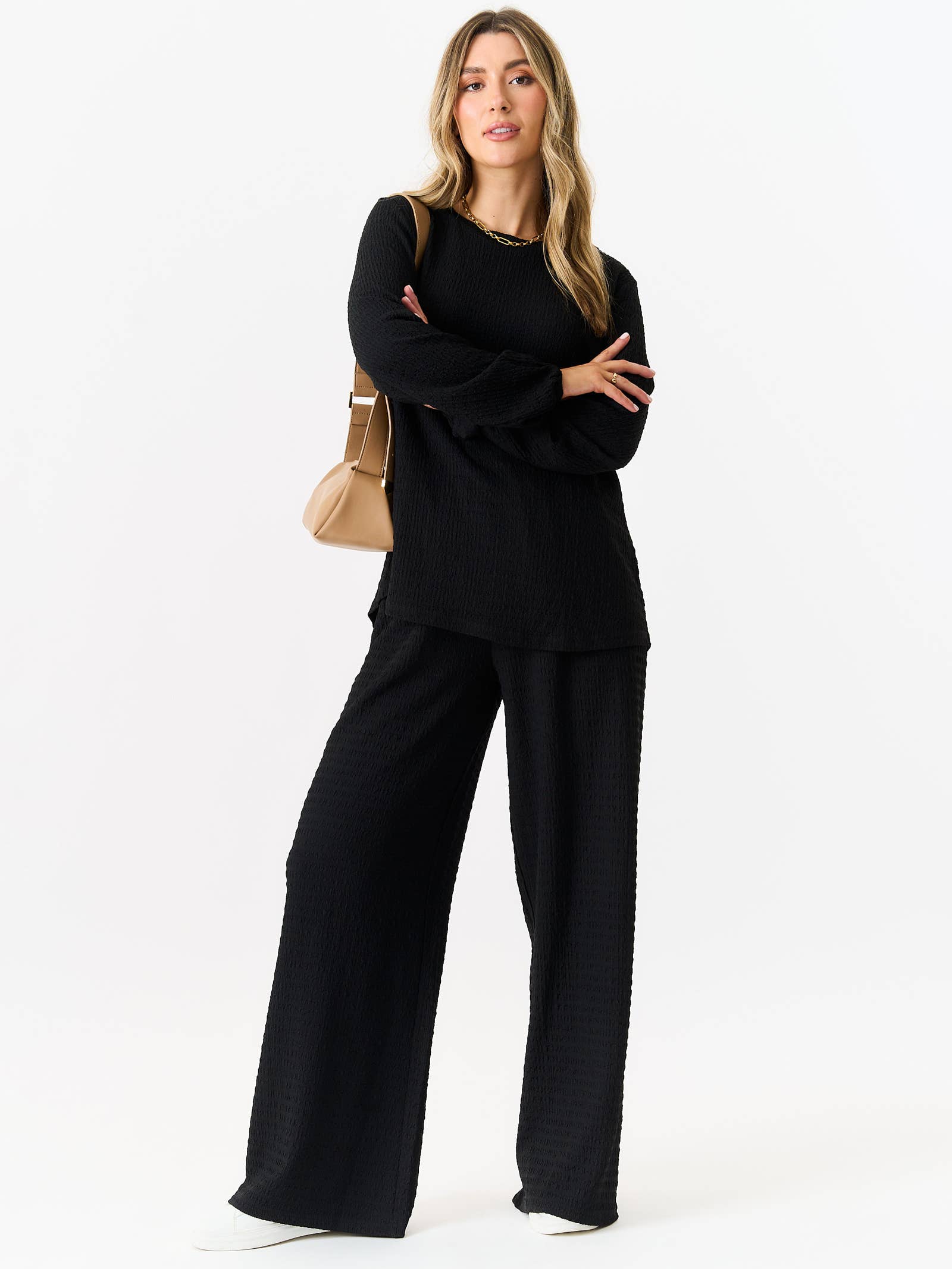 Black Textured Long Sleeves Oversized Top