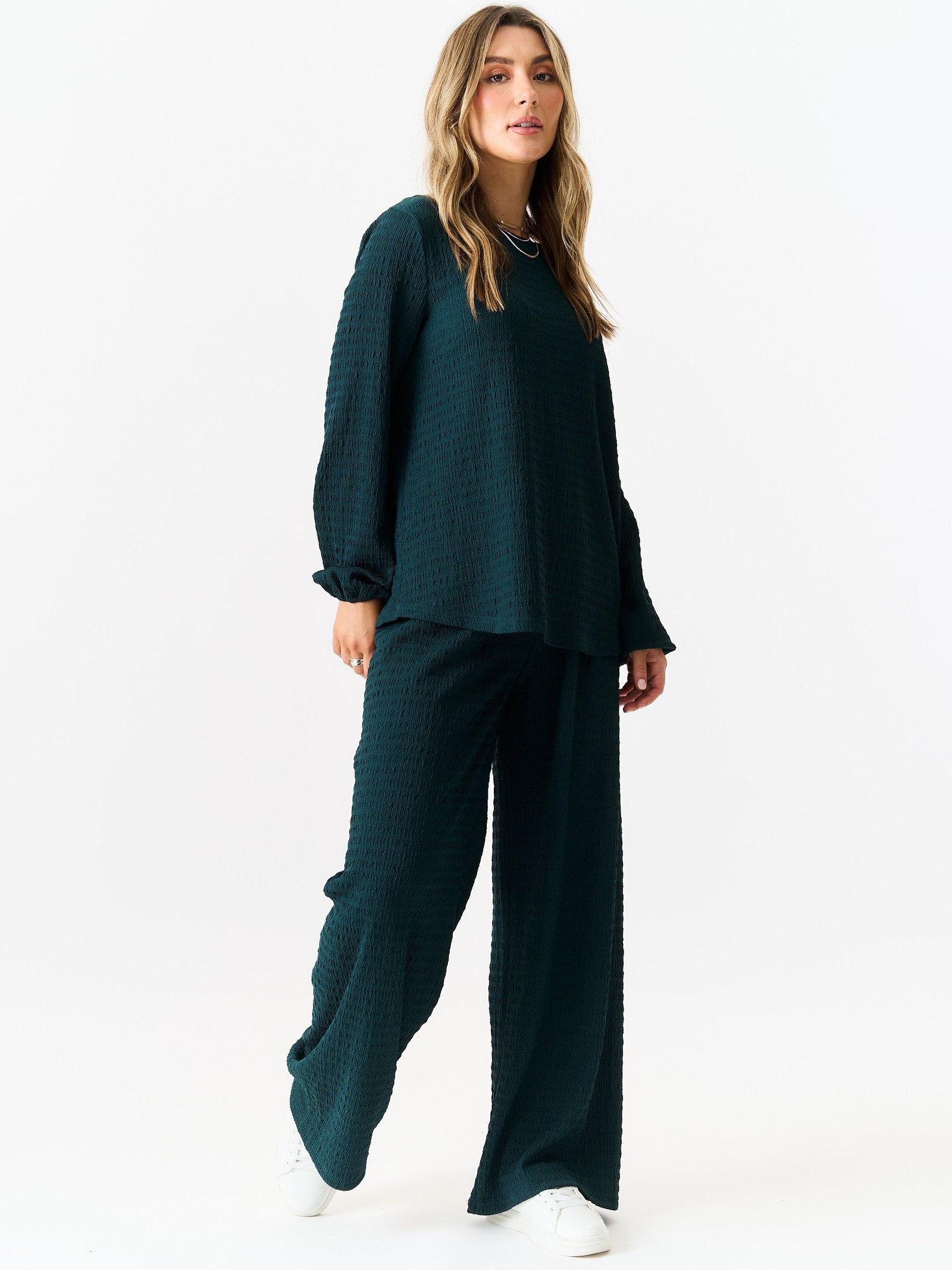 Bottle Green Textured Long Sleeves Oversized Top