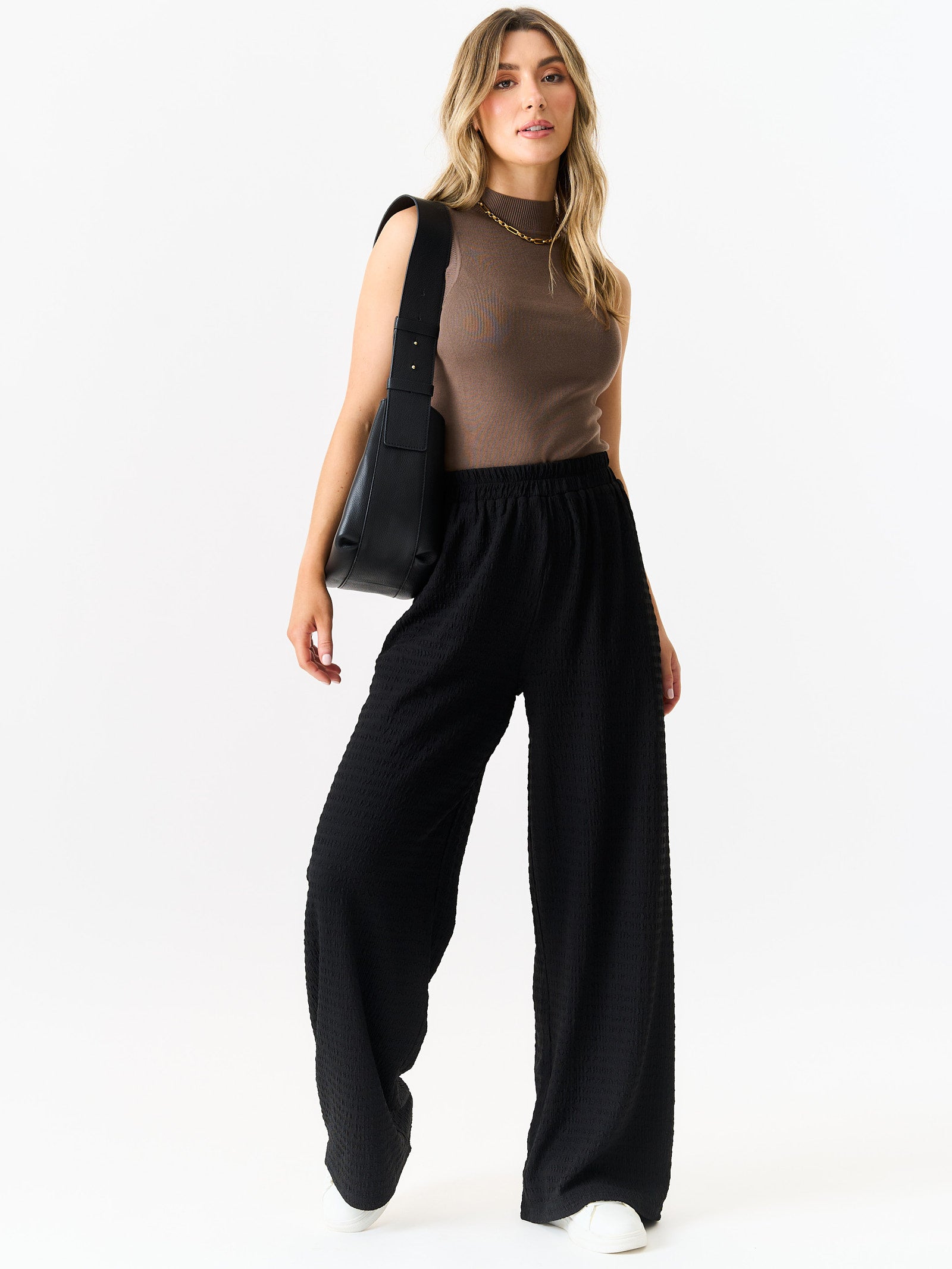 Textured Elastic Waist Pull On Trousers