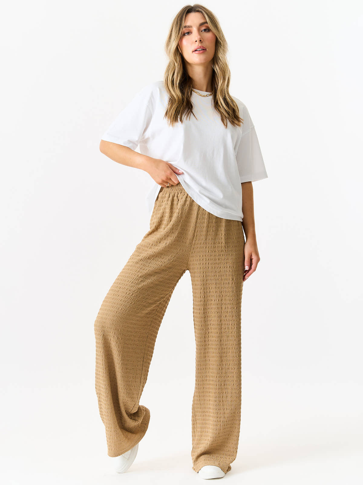 Camel Textured Elastic Waist Pull On Trousers – View 1 | Gini London