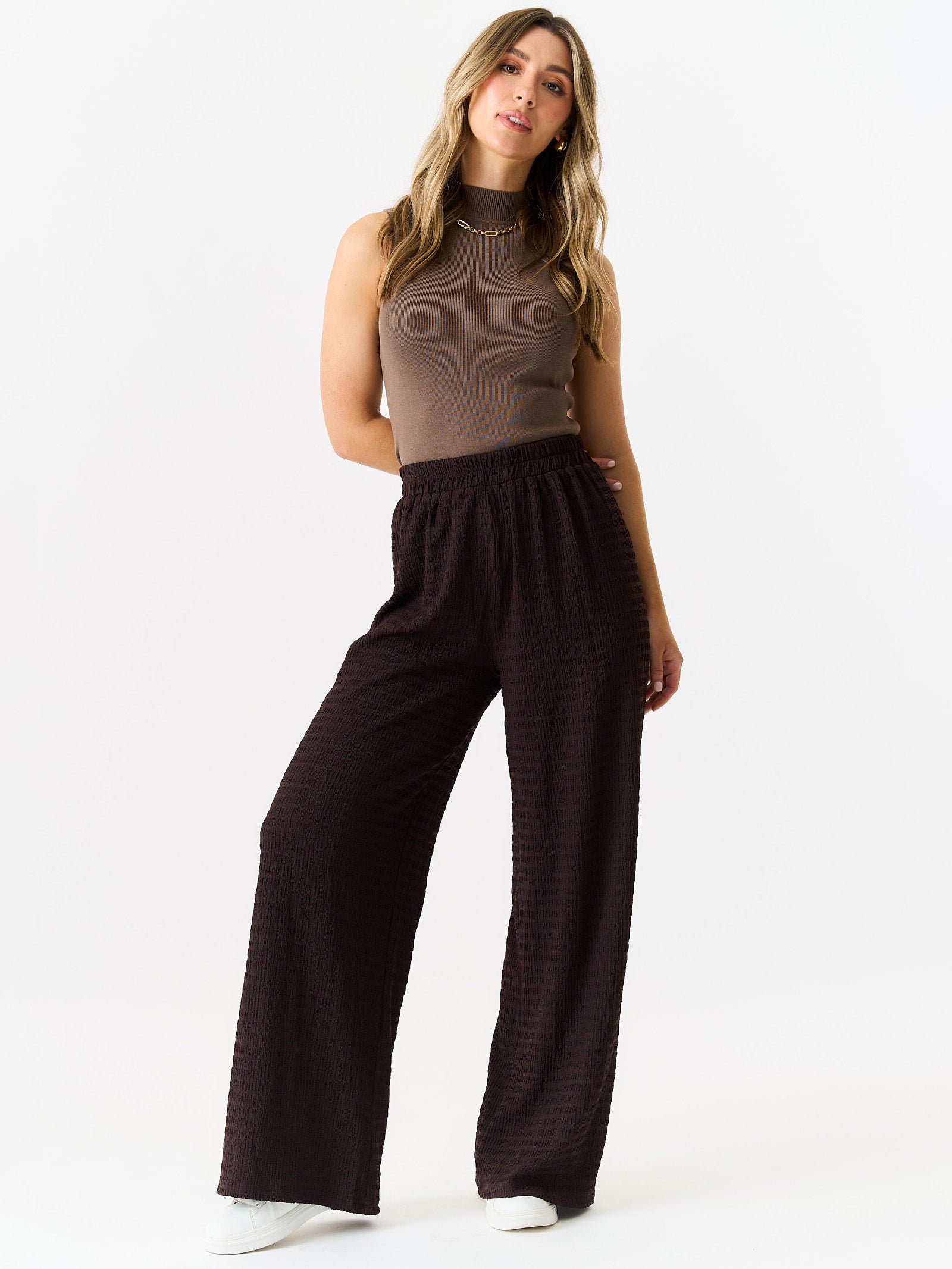 Chocolate Textured Elastic Waist Pull On Trousers