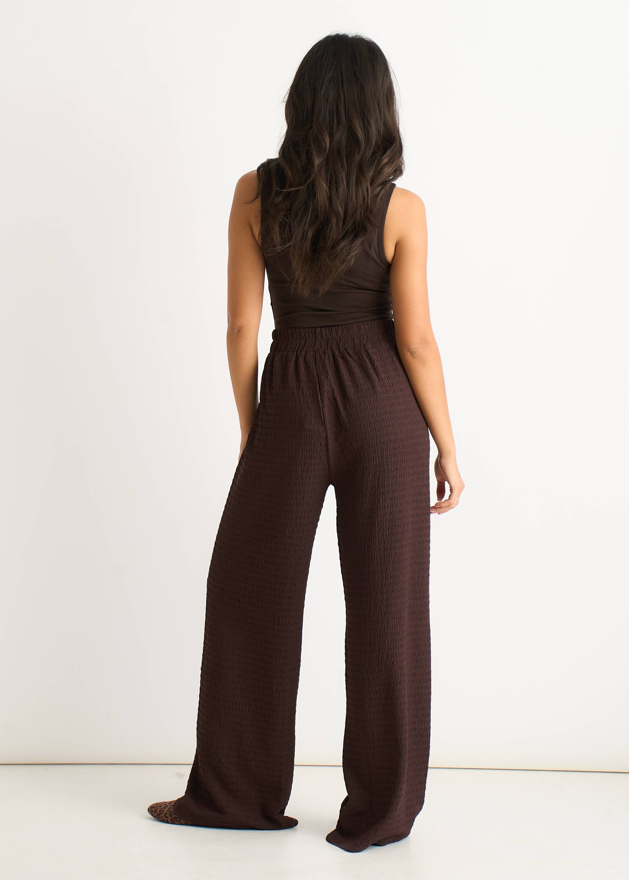 Chocolate Textured Elastic Waist Pull On Trousers
