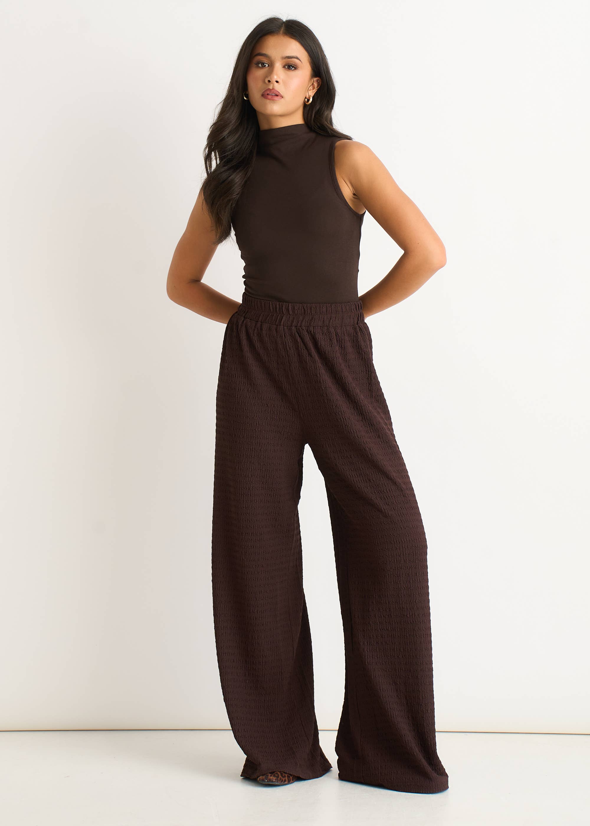 Chocolate Textured Elastic Waist Pull On Trousers