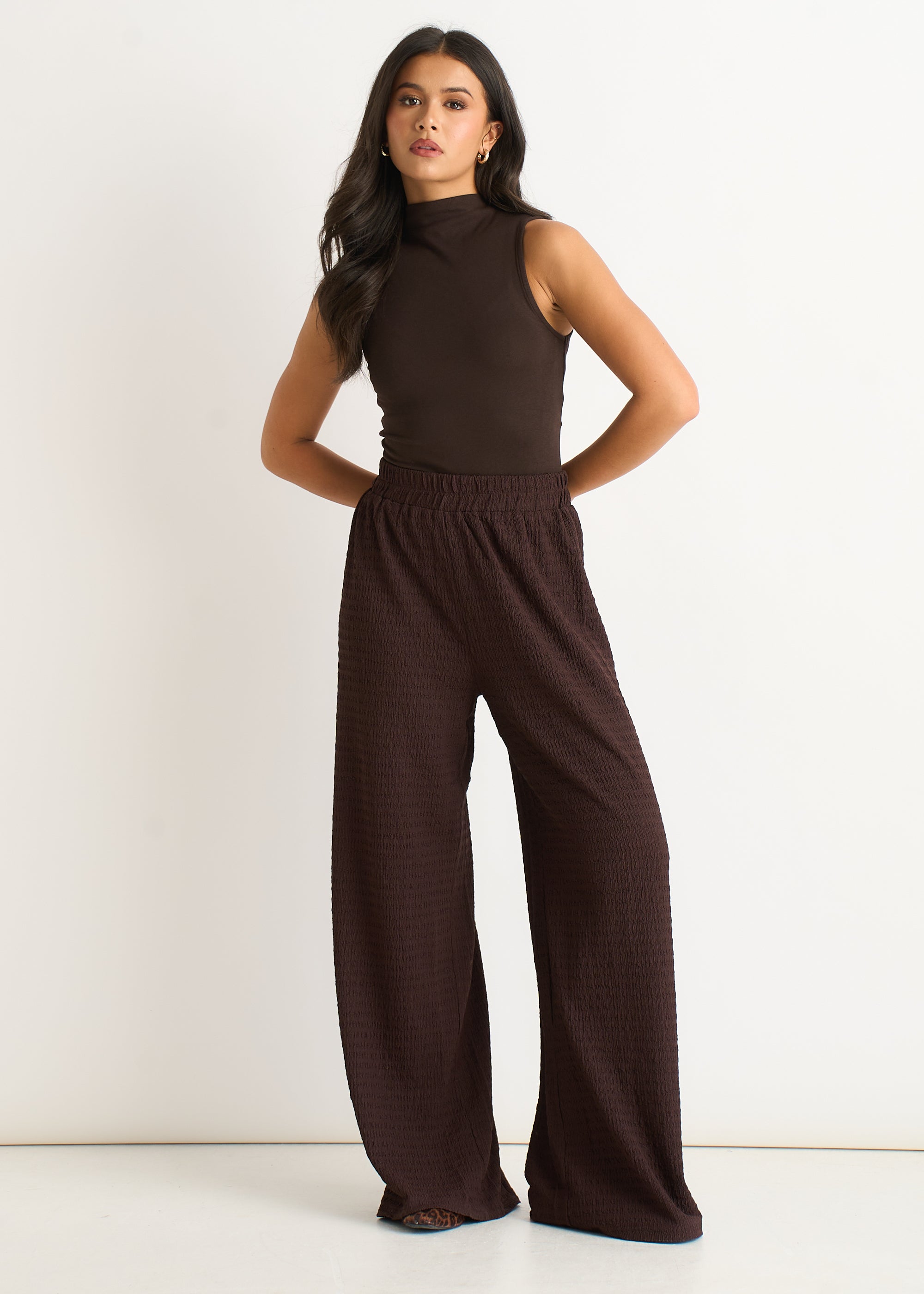Chocolate Textured Elastic Waist Pull On Trousers