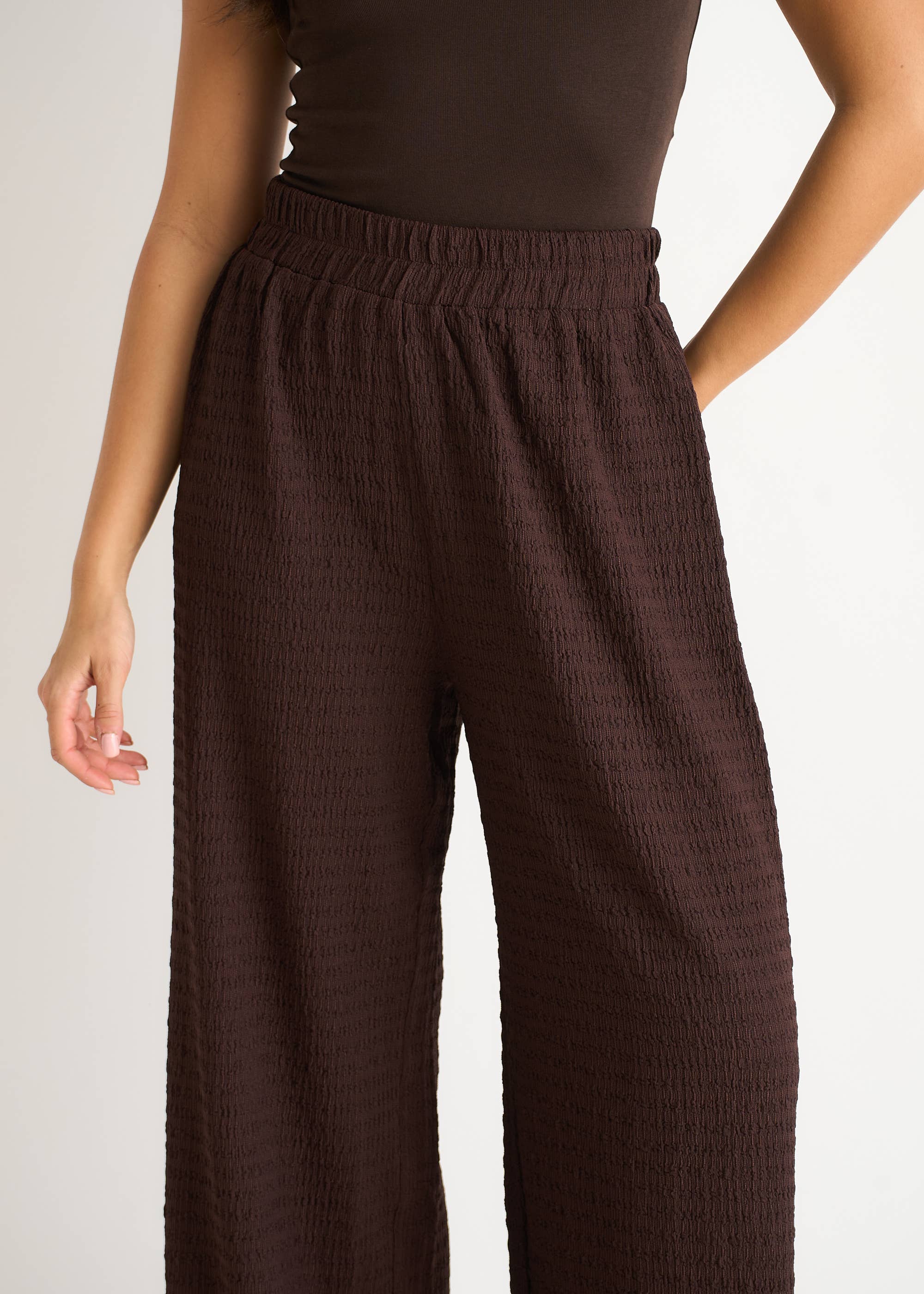 Chocolate Textured Elastic Waist Pull On Trousers