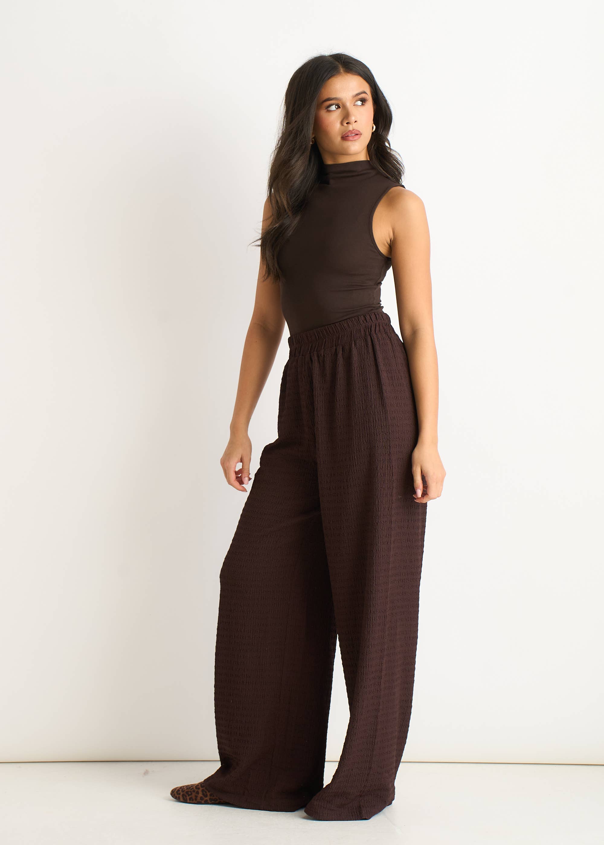 Chocolate Textured Elastic Waist Pull On Trousers