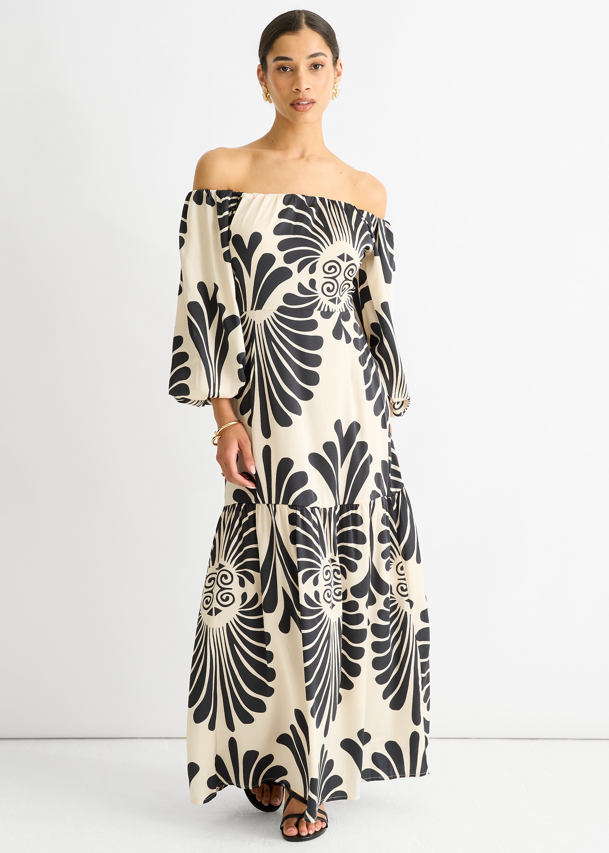 Cream Bardot Mono Print Maxi Dress