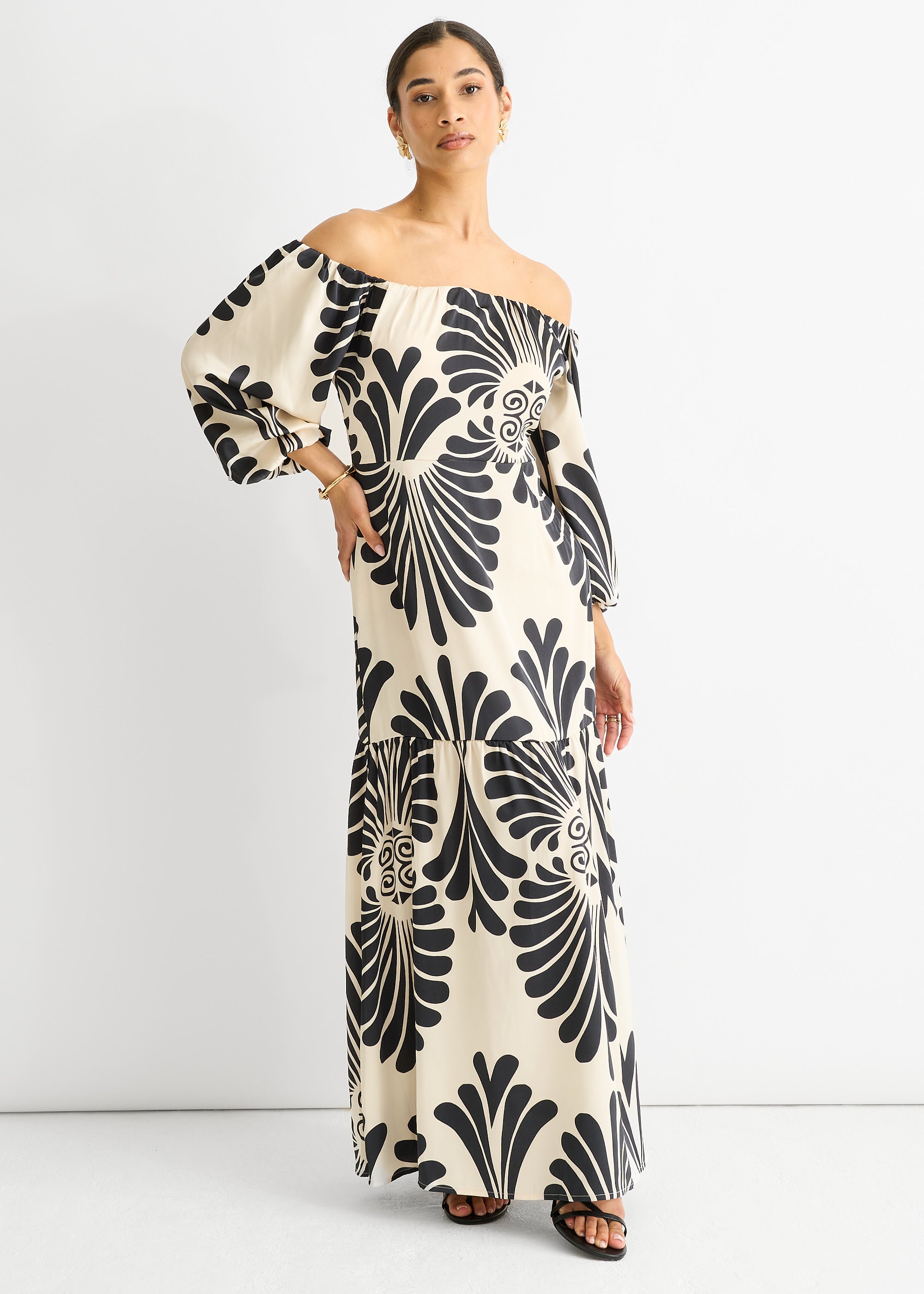 Cream Bardot Mono Print Maxi Dress