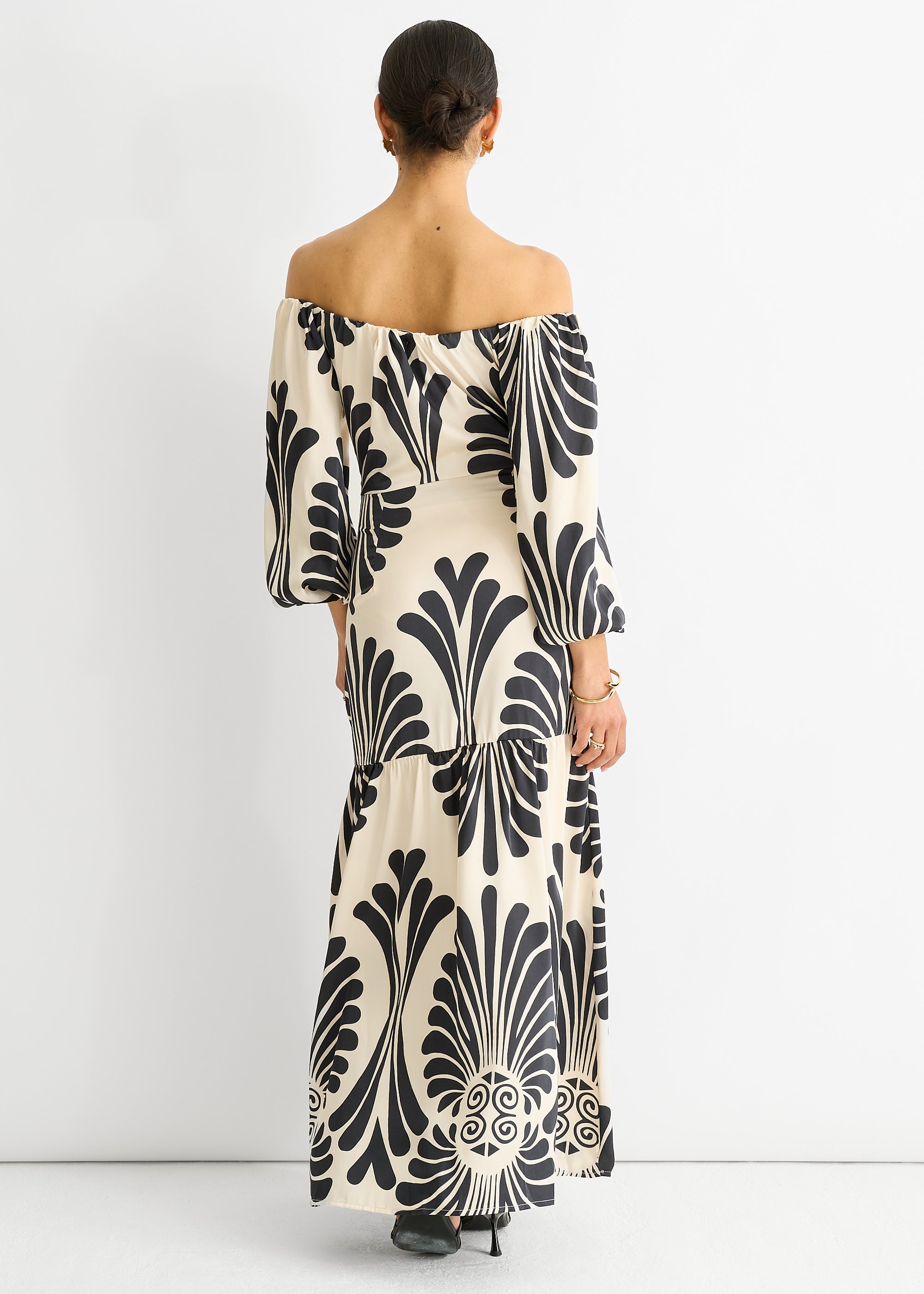 Cream Bardot Mono Print Maxi Dress