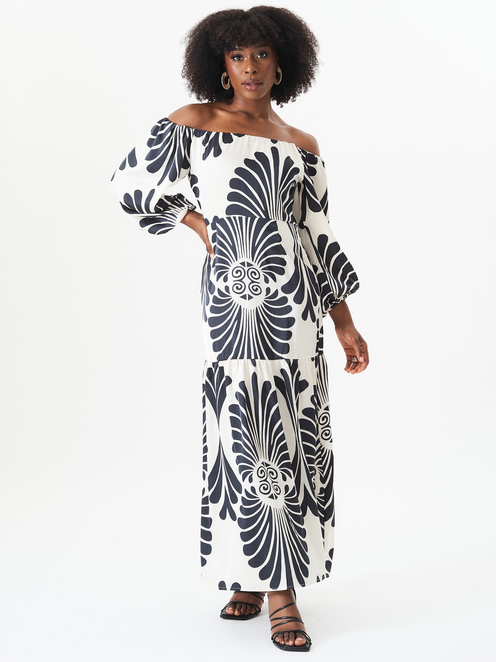 Cream Bardot Mono Print Maxi Dress