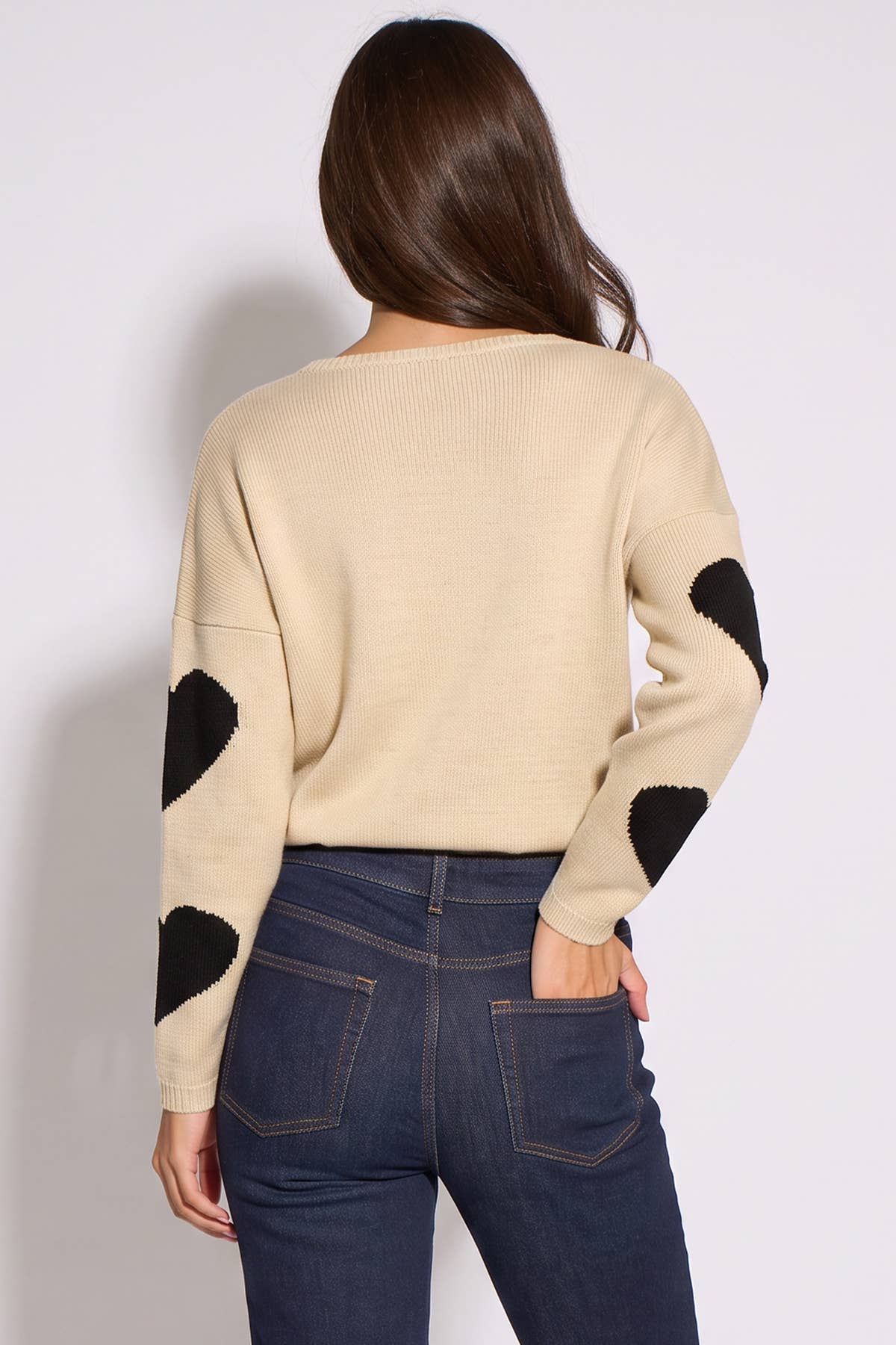 Beige V Neck Oversized Heart Knit Jumper – View 2 | Gini London