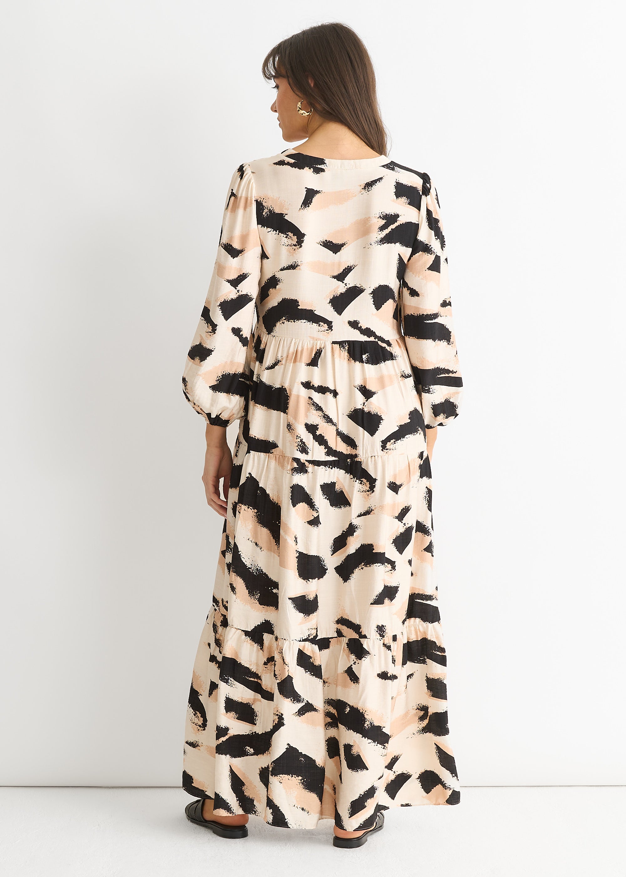 Cream Animal Print Smock Maxi Dress