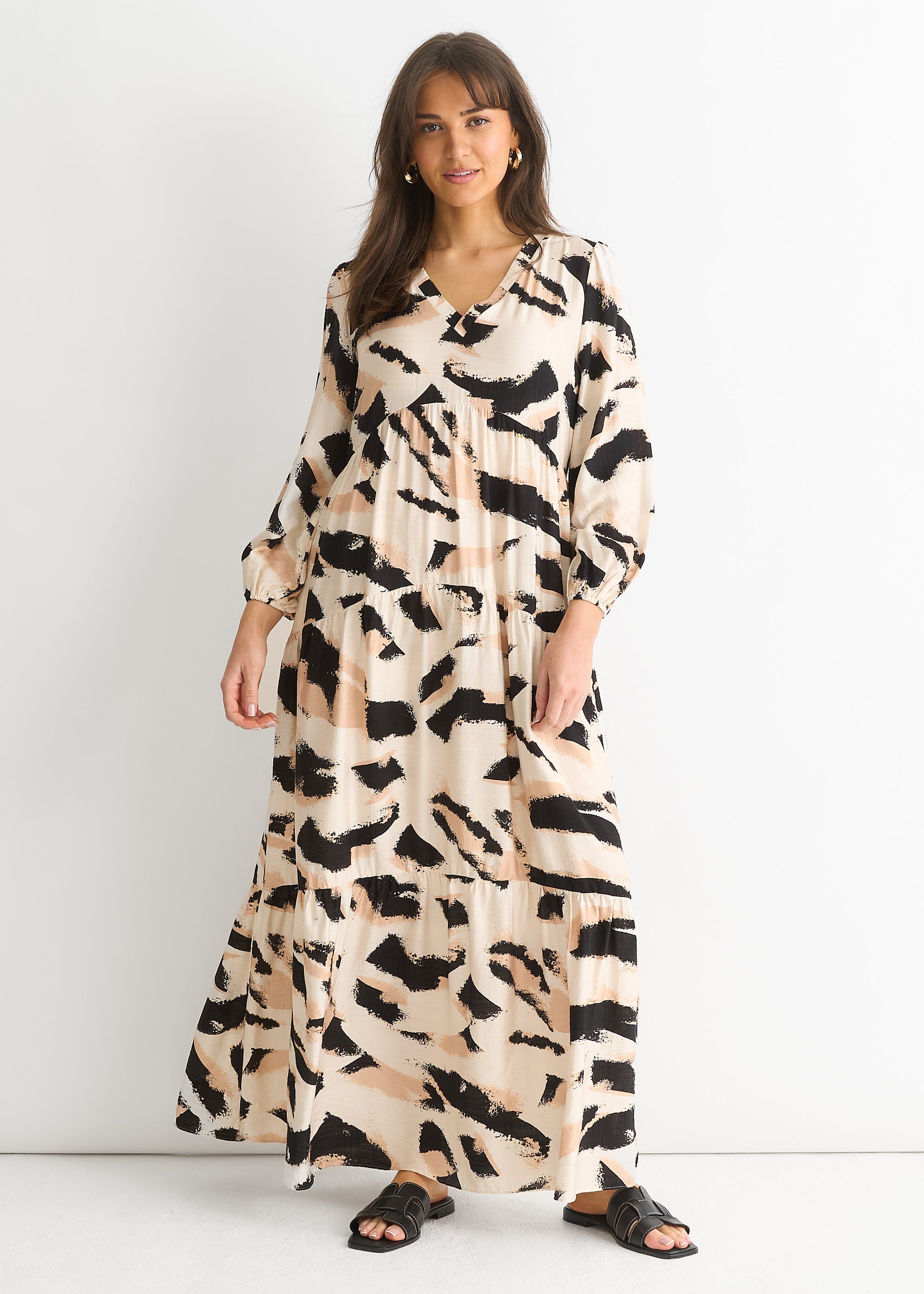 Cream Animal Print Smock Maxi Dress