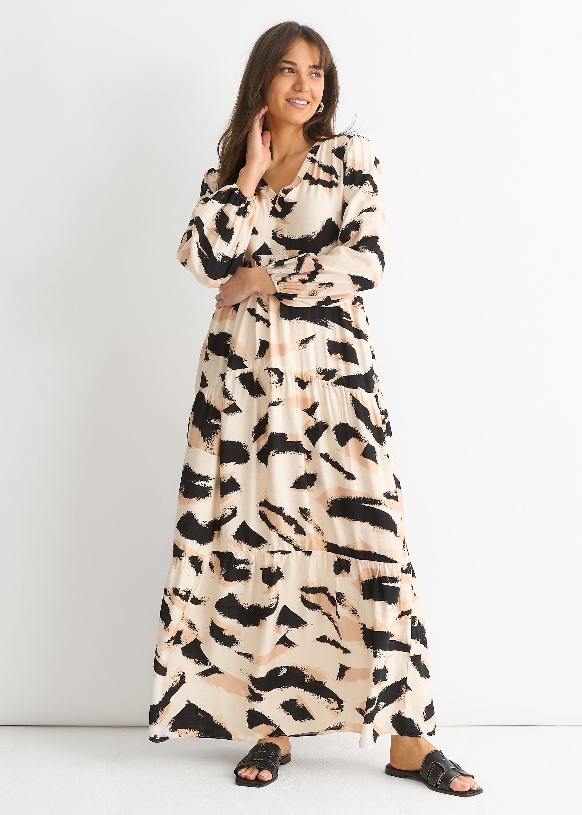 Cream Animal Print Smock Maxi Dress