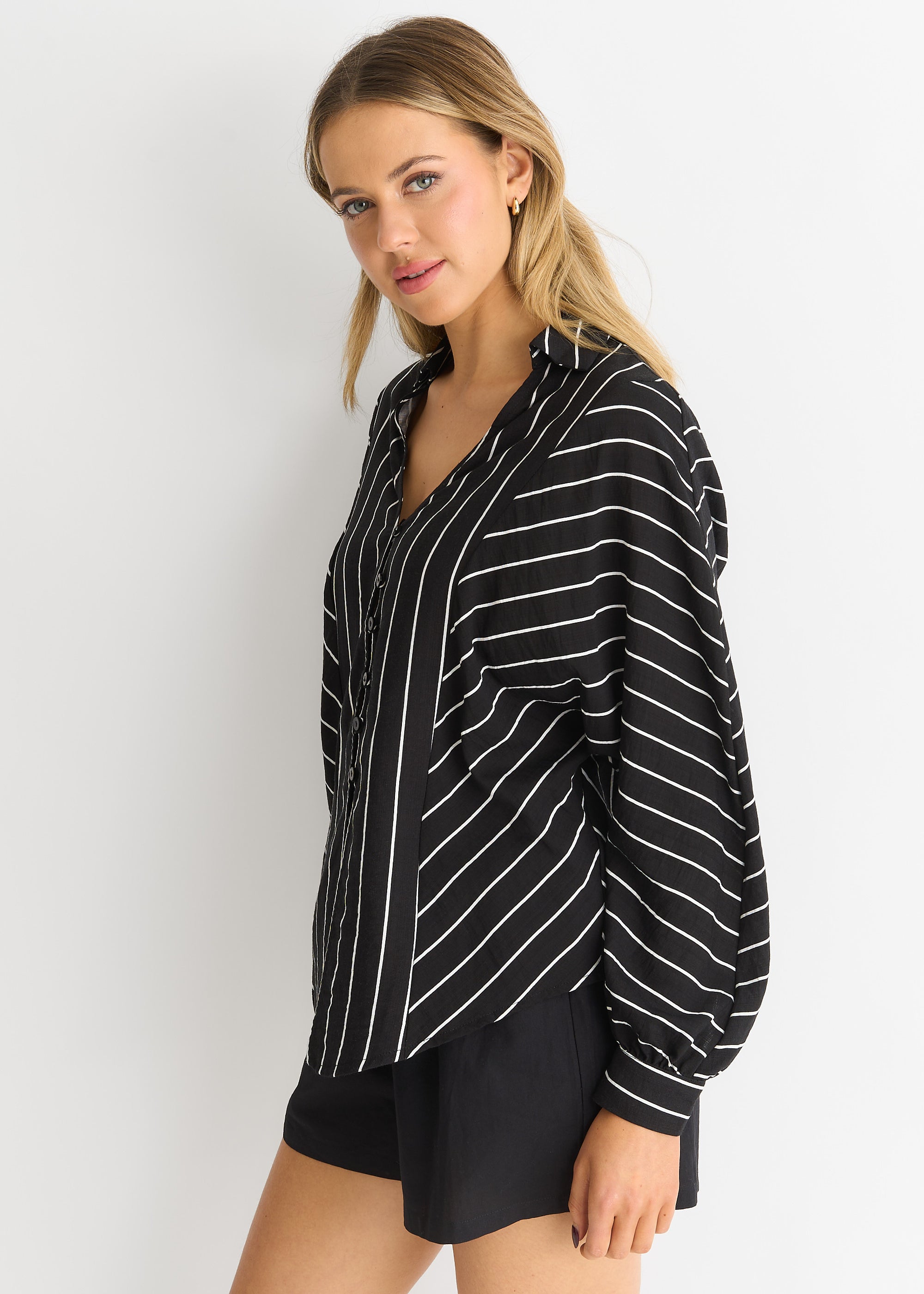 Black Long Sleeve Batwing Stripe Shirt