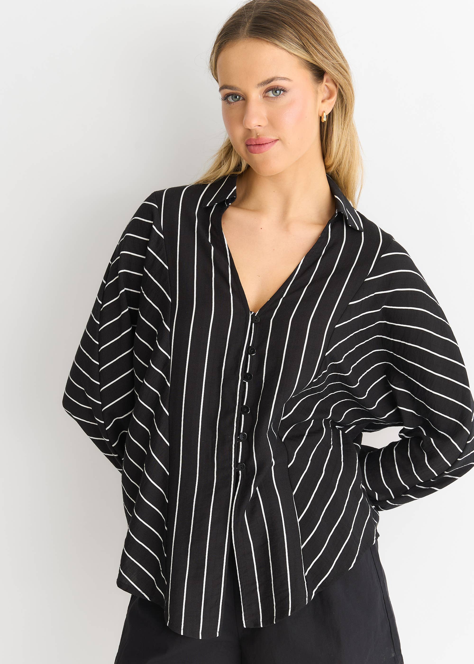 Black Long Sleeve Batwing Stripe Shirt