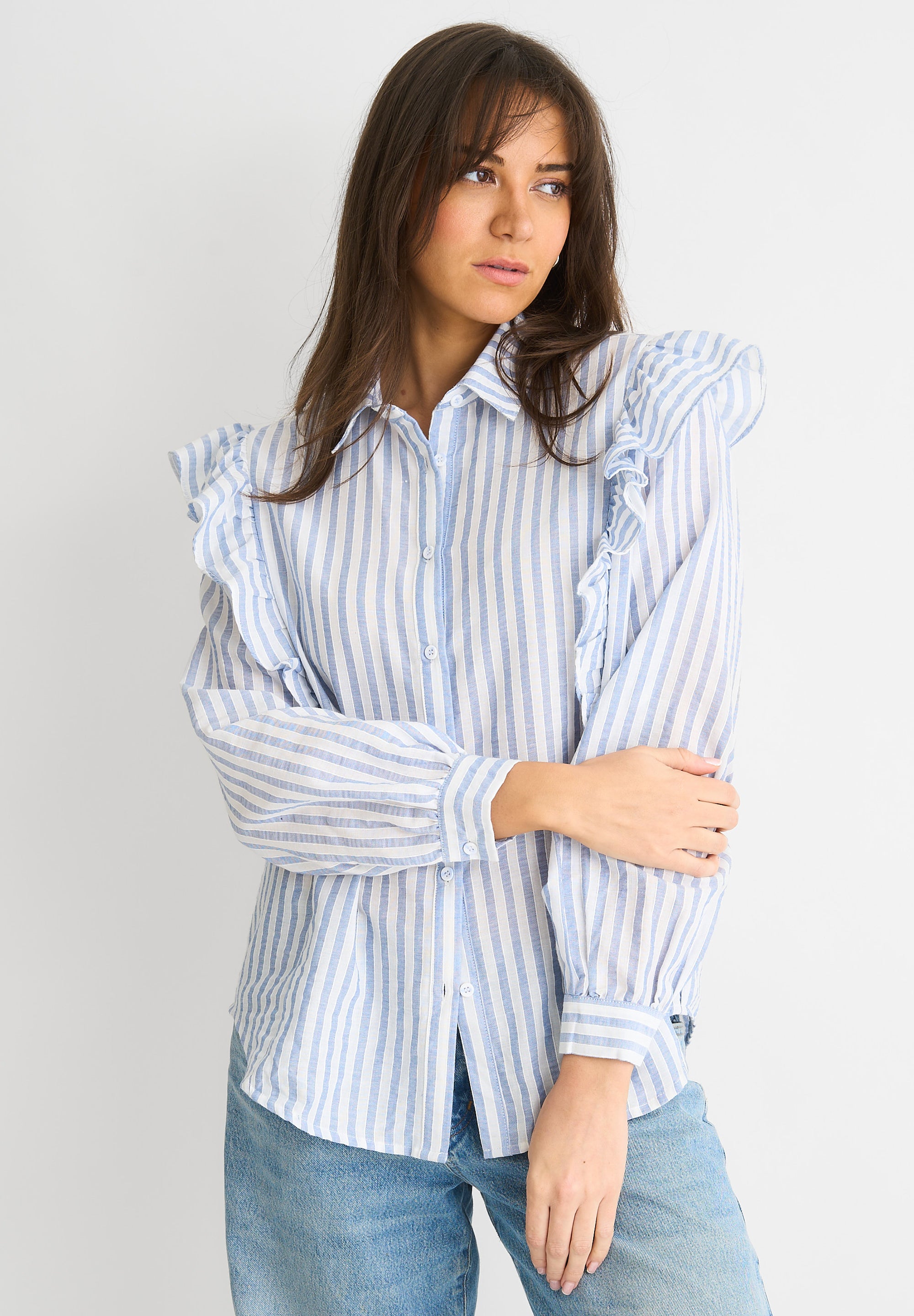 Stripe Frill Cotton Shirt