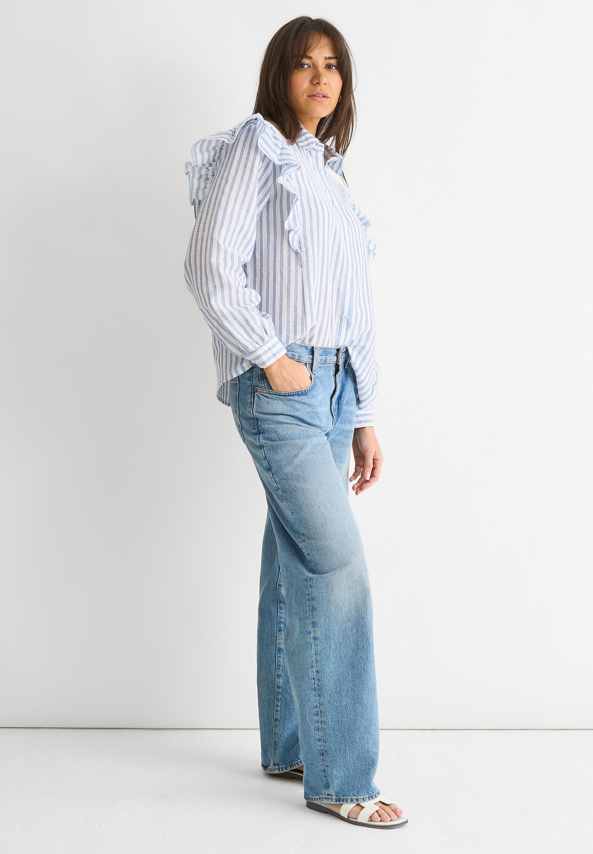 Stripe Frill Cotton Shirt